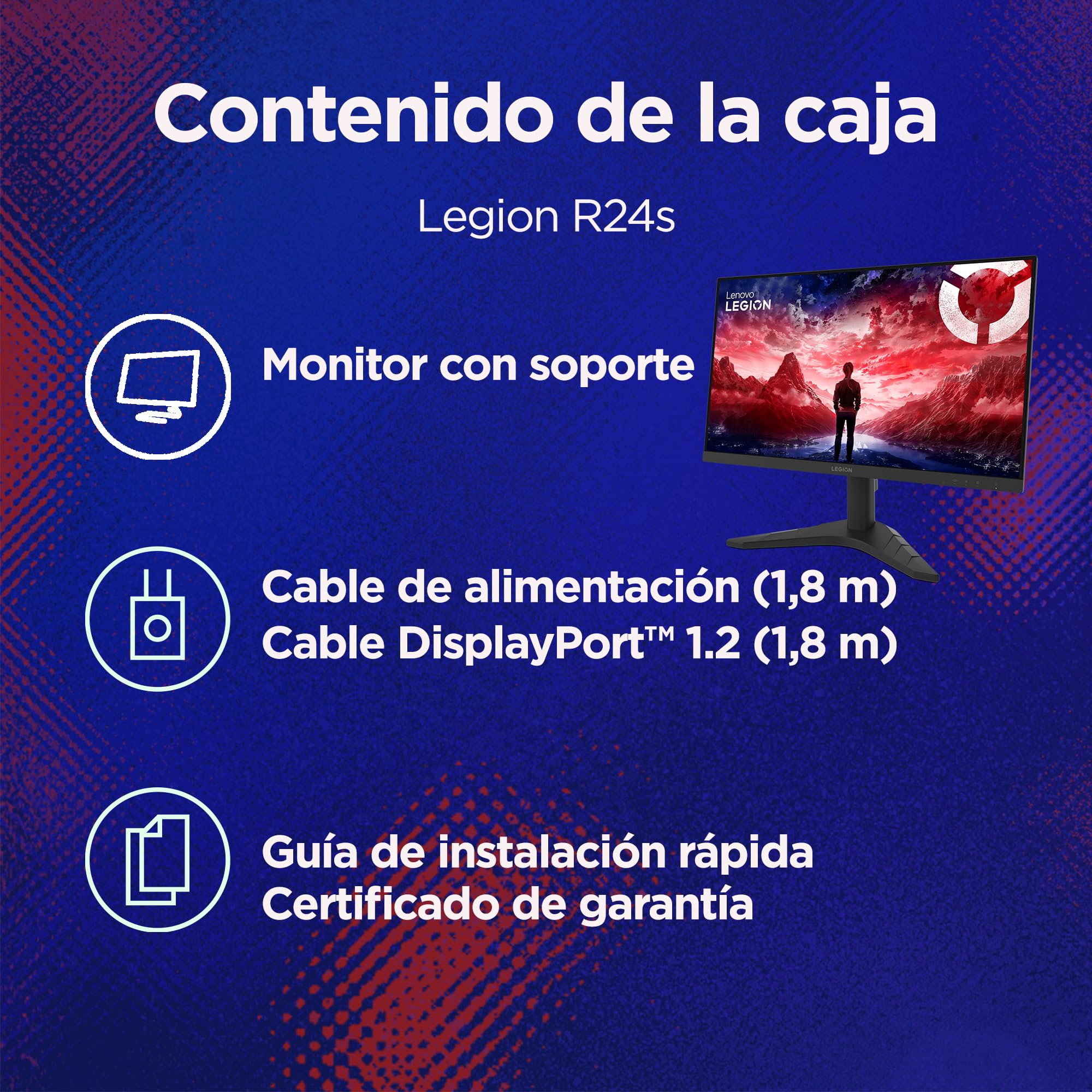 Lenovo Legion R24s - Monitor Gaming FHD 23.8" (IPS, Tasa de Refresco 144 Hz, Tiempo de Respuesta 1ms MPRT, 16:9, HDMI 2.1 + DP 1.2, VESA MediaSync - AMD FreeSync, Soporte Inclinable) - Negro