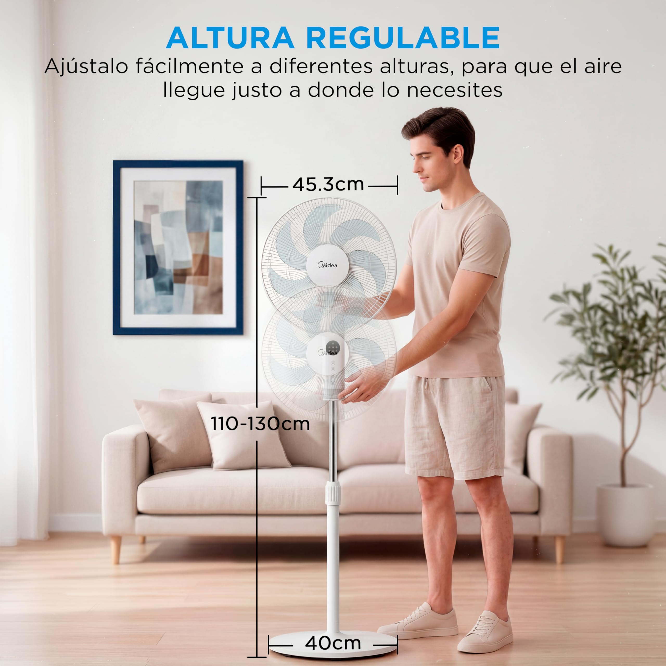 Midea Ventilador de Pie silencioso con Mando a Distancia y 3 velocidades - Ventilador Silencioso Oscilación 90º- Ventilador de Pie con Mando Temporizador 7h, Panel LED, Potente Motor, Altura Ajustable