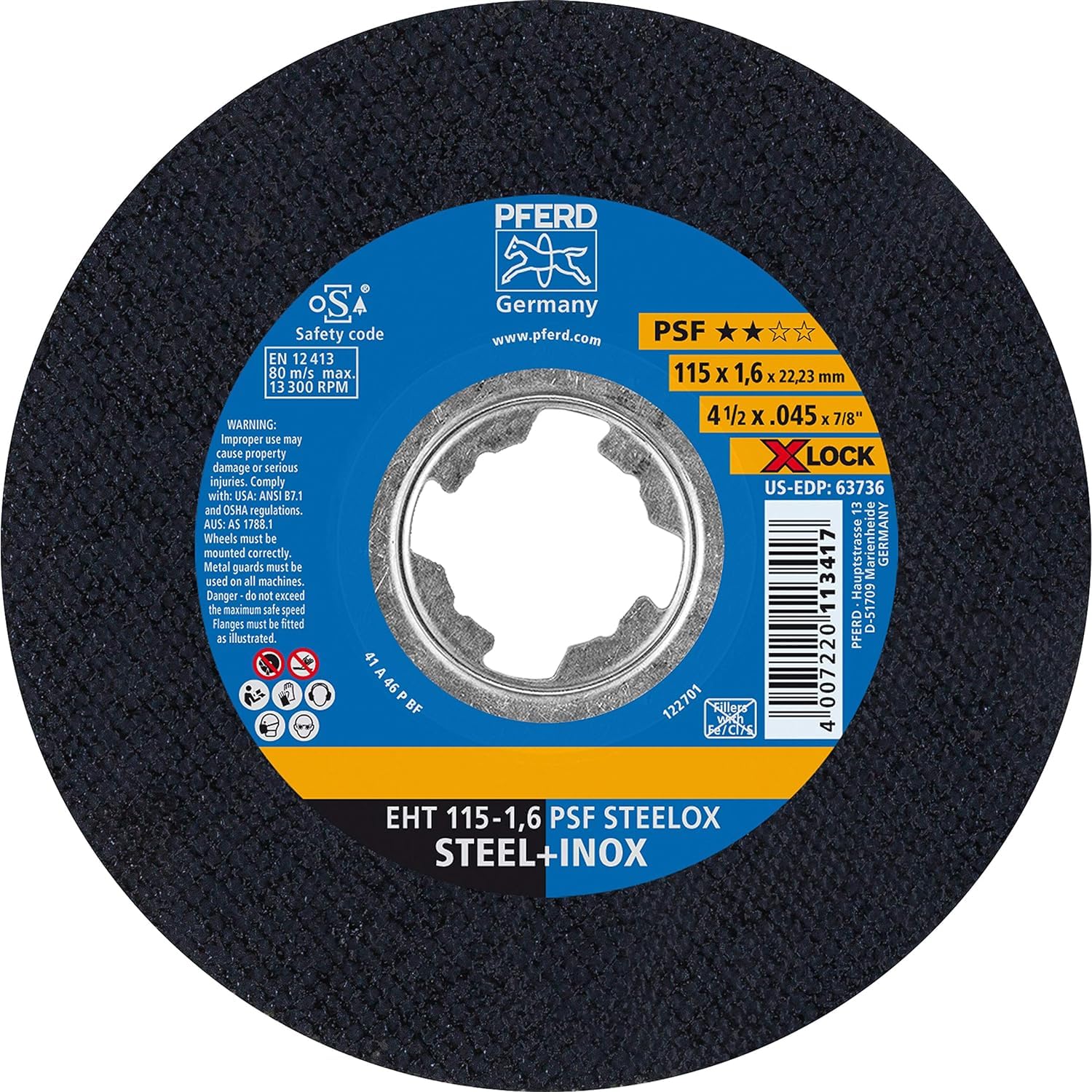 PFERD TOOLS Trennscheibe, 25 Stück, 115 x 1,6mm, gerade, X-LOCK (22,23 mm), PSF STEELOX, 61730124 - für schnelle und komfortable Werkzeugwechsel
