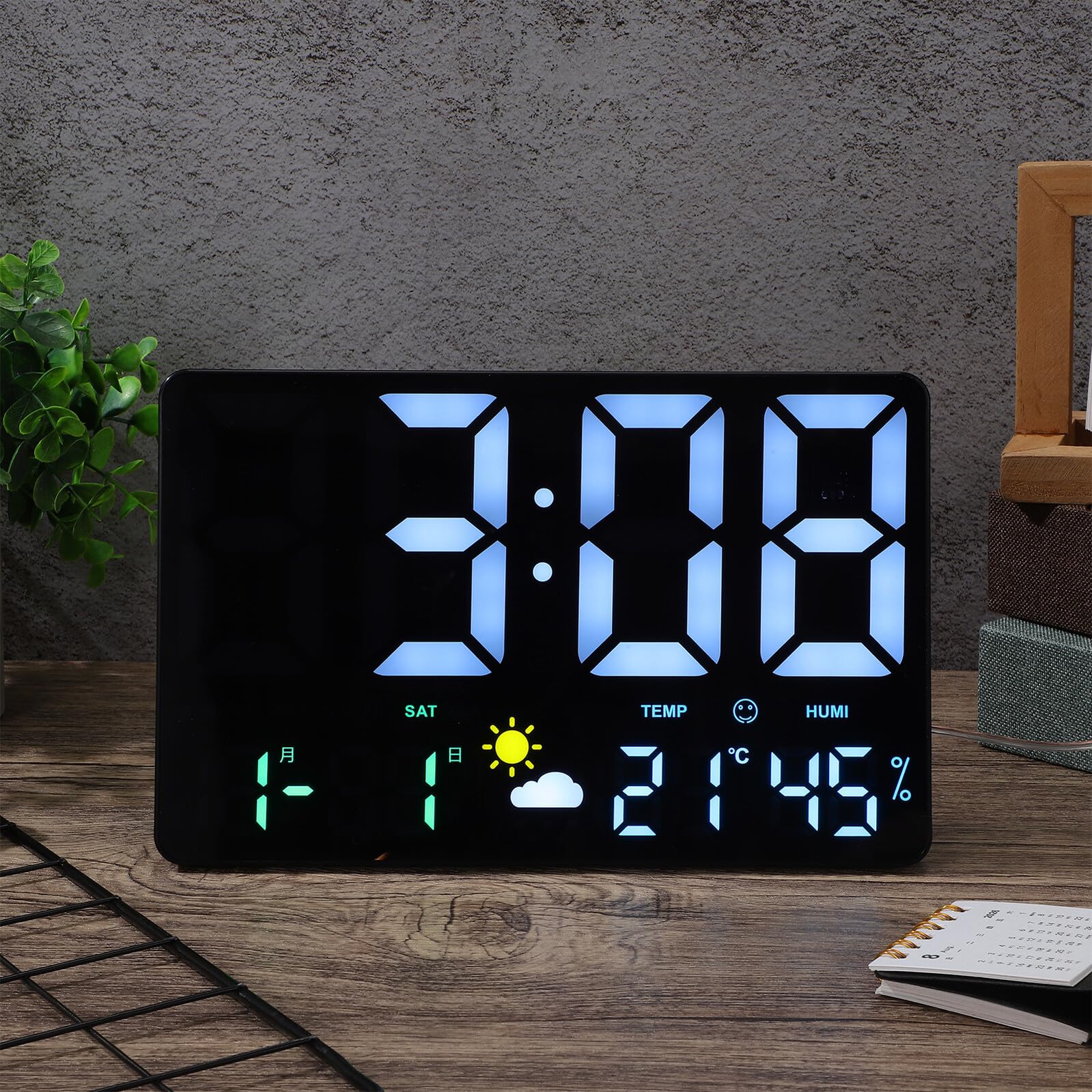 HOMSFOU Digitale Wanduhr LED Großformat mit Temperatur- und Luftfeuchtesensor Wetterstation Farbige Anzeige für Wohnzimmer Büro Wecker Kalender Countdown