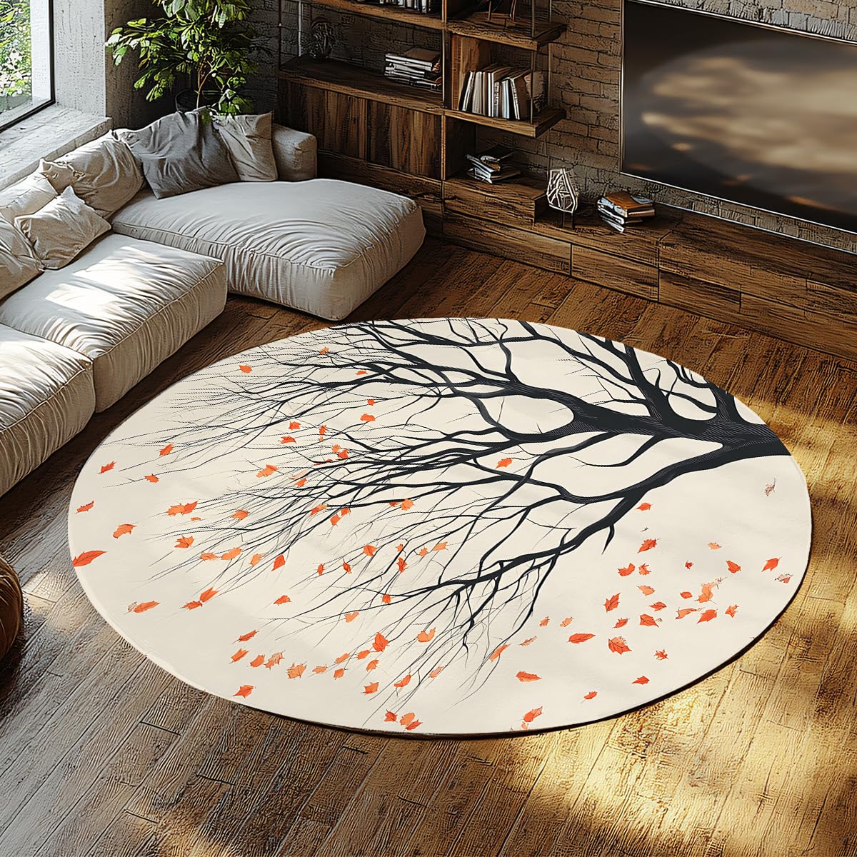 Petit tapis de salle de classe rond automne beige orange lavable 200cm