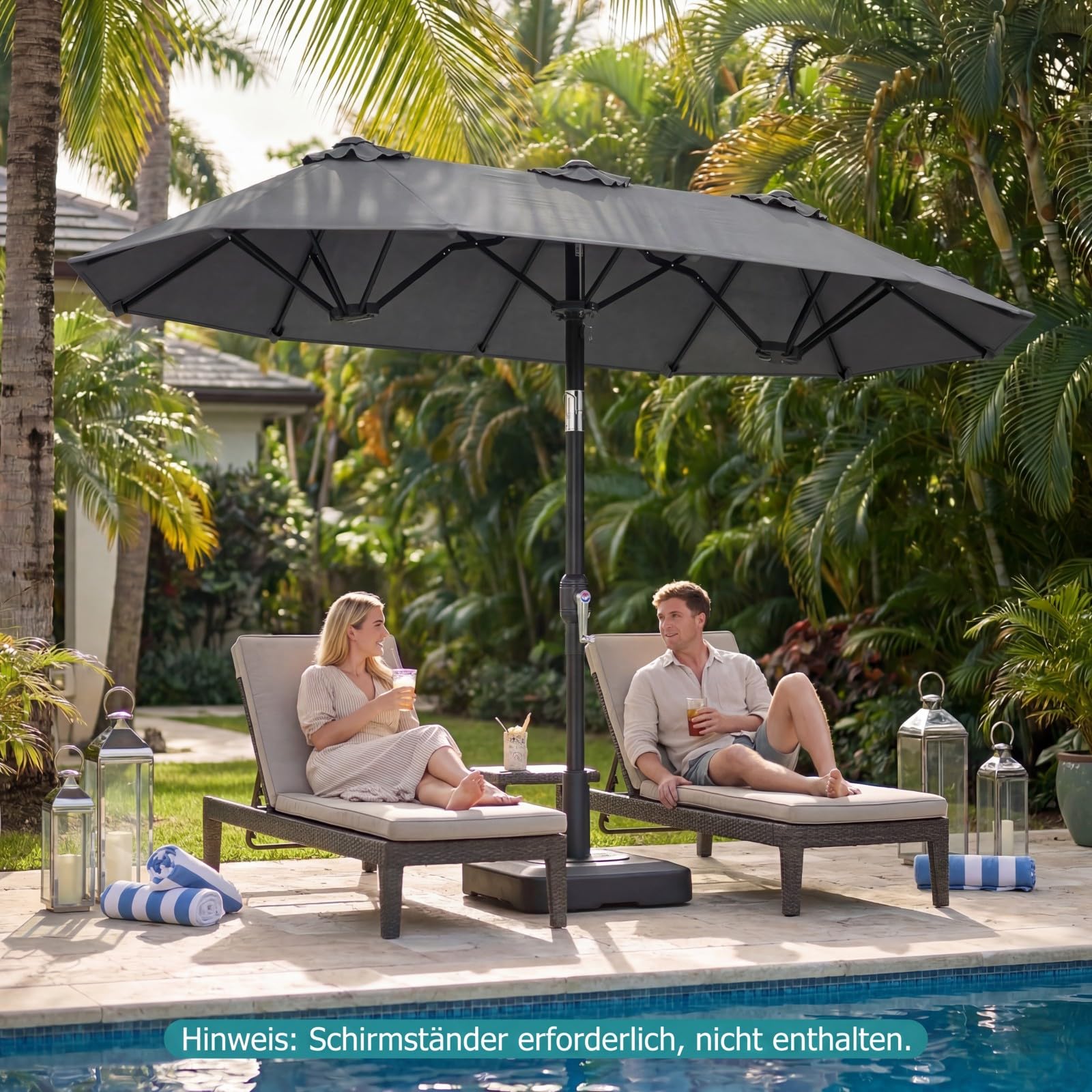 COSTWAY Doppelsonnenschirm knickbar 300x150cm, Doppel Sonnenschirm, Gartenschirm mit Kurbel, Terrassenschirm, Marktschirm für Garten, Terrasse, Balkon (Grau)