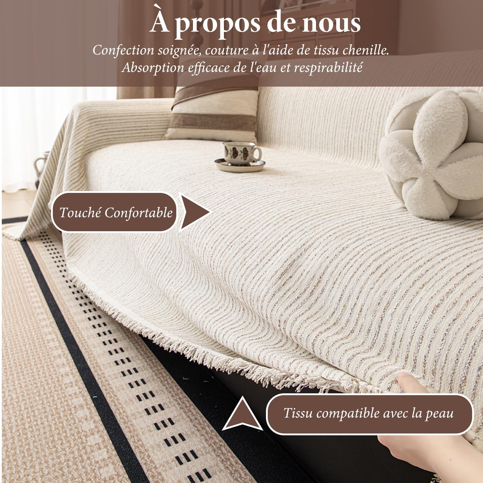 Jeté de Canapé, Protection Sofa, Housse de canapé Respirante et Douce pour la Peau, Plaid Canape Grande Taille, Cadeau Parfait Et Chaleureux 180 * 360cm-Beige