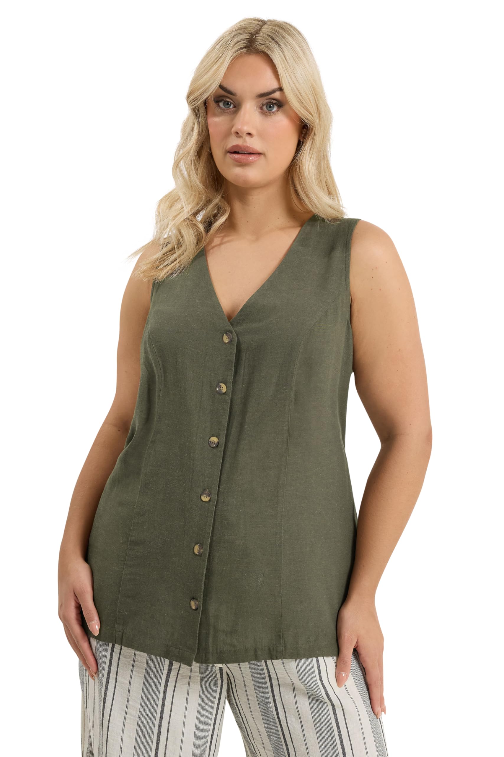 Yours Women's Woven Linen Waistcoat in Dark Olive | Size: 16