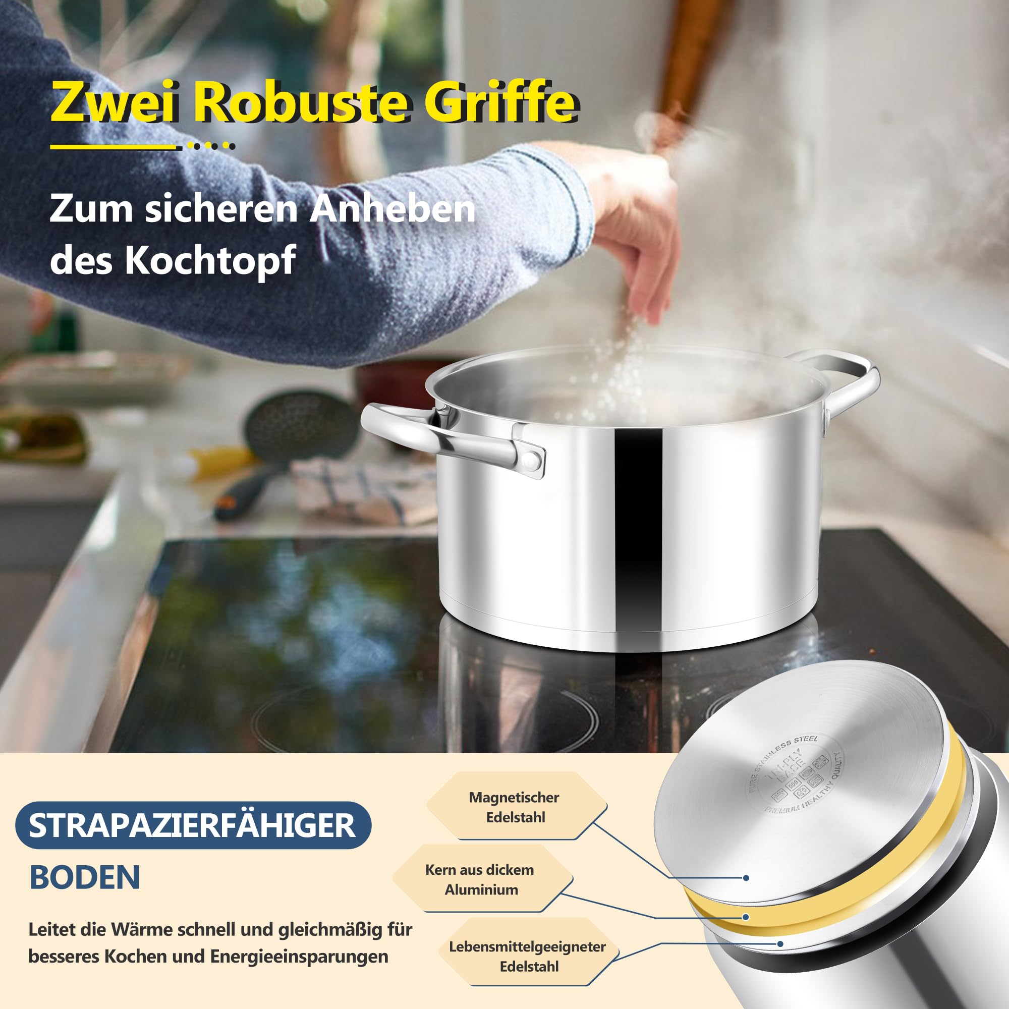 Joyfair Pentola da 20 cm, con fondo a 3 strati, in acciaio inox, con coperchio in vetro, pentola a induzione per tutti i piani cottura, pentola per carne da 3,7 l, per pasta/zuppa/stufati, sana e