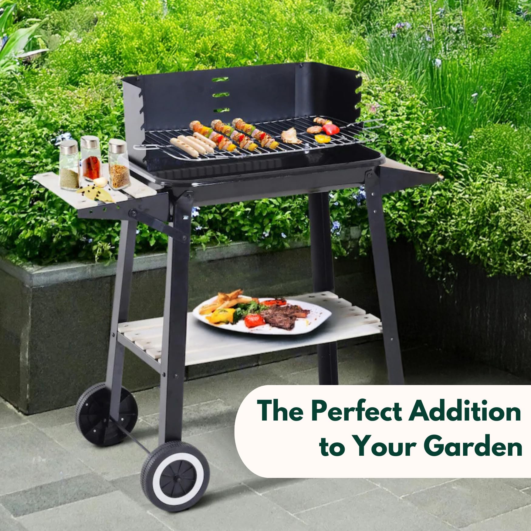 Garden Mile Parrilla de carbón con ruedas – Barbacoa de acero portátil grande con estantes de madera, altura ajustable, ahumador al aire libre para jardín, patio y cocina al aire libre