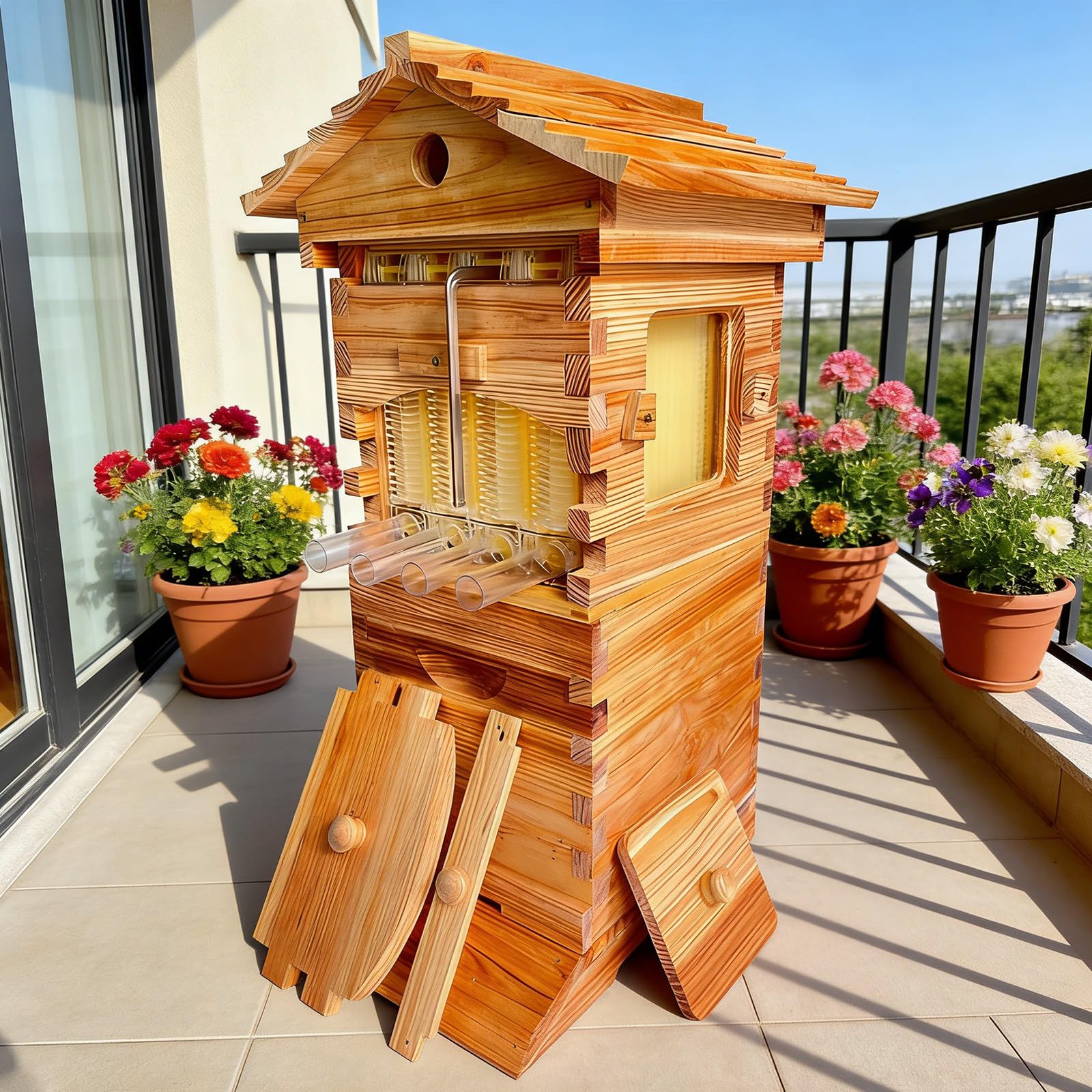 Verbesserter 2-In-1-Honigernte-Bienenstock – Bienen Halten Und Reinen Honig Ohne Werkzeug Ernten,Selbstfluss-Starterset,Mini-Holzbienenstock Mit Sichtfenster Für Den Balkon Wax-Dipped