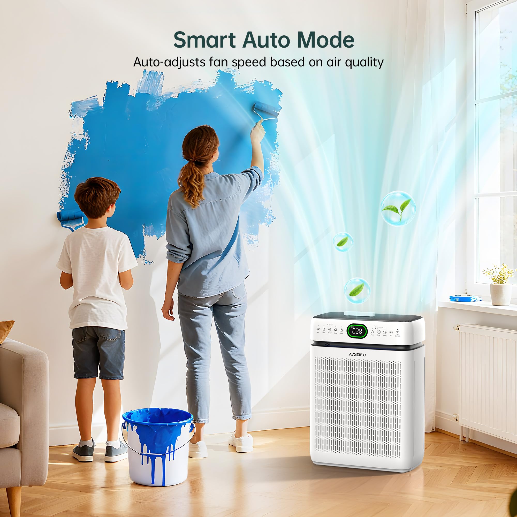 Purificadores de aire para el hogar, habitación grande de hasta 3500 pies cuadrados con filtros lavables, HEPA de doble cara con visualización PM 2.5, sensor de calidad del aire, aplicación WiFi