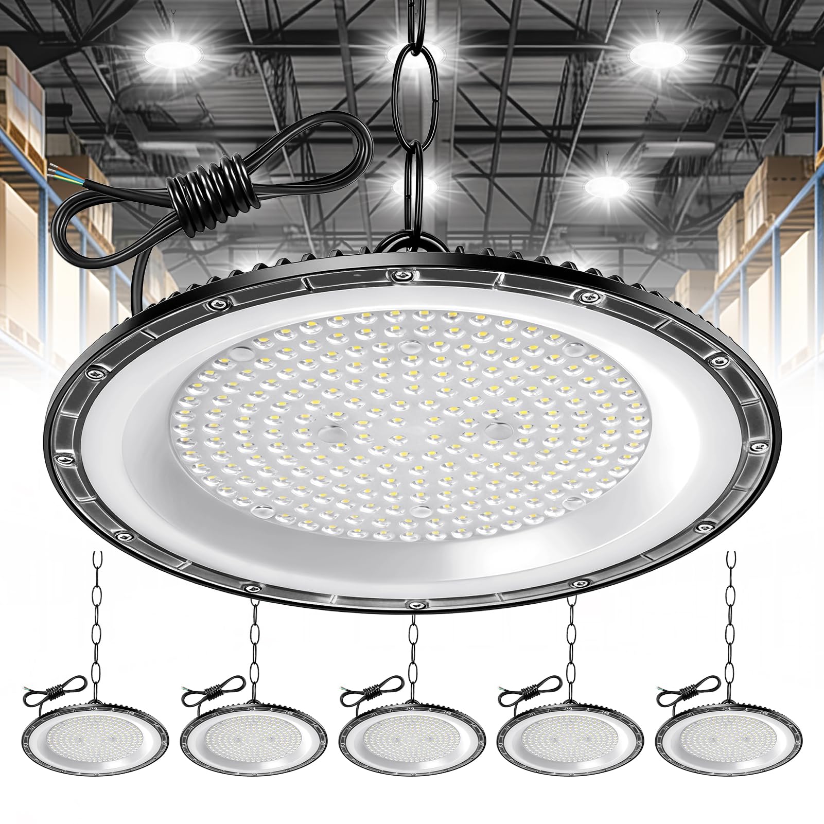 papasbox 6 PCS 300W UFO LED High Bay Light, 30000LM UFO led Workshop Light, Cold White 6500K Bright Workshop Lighting, IP65 Waterproof Industrial lamp high Bay for Factories, Garage, Warehouse