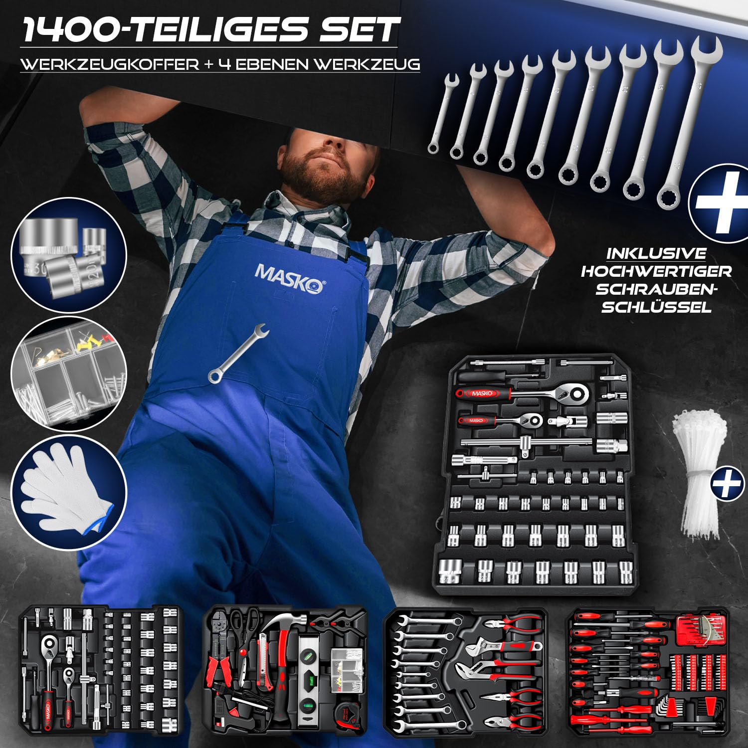 MASKO® Cassetta degli attrezzi portatile con utensili | 969 Pezzi Set di Attrezzi in Valigetta di Alluminio con Ruote per Fai da te | Cassetta porta attrezzi a mano | Strumenti professionali Nero