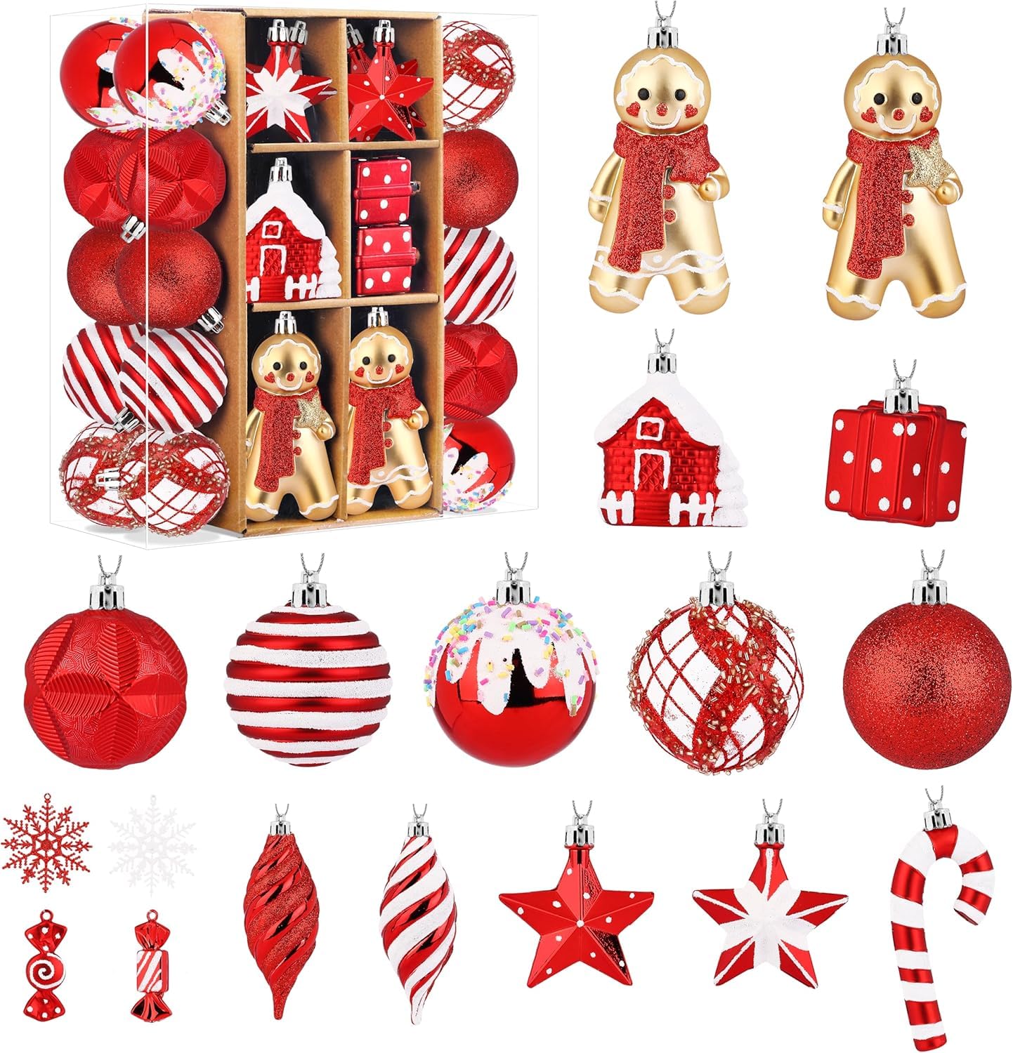 SHareconn Lot de 65 Boule de Noel, Boules de Noël en Plastique Incassable, Décorations Sapin de Noel, pour Decoration Noel Extérieur ou Intérieure, Décorer Sapin de Noël, Rouge et Blanc