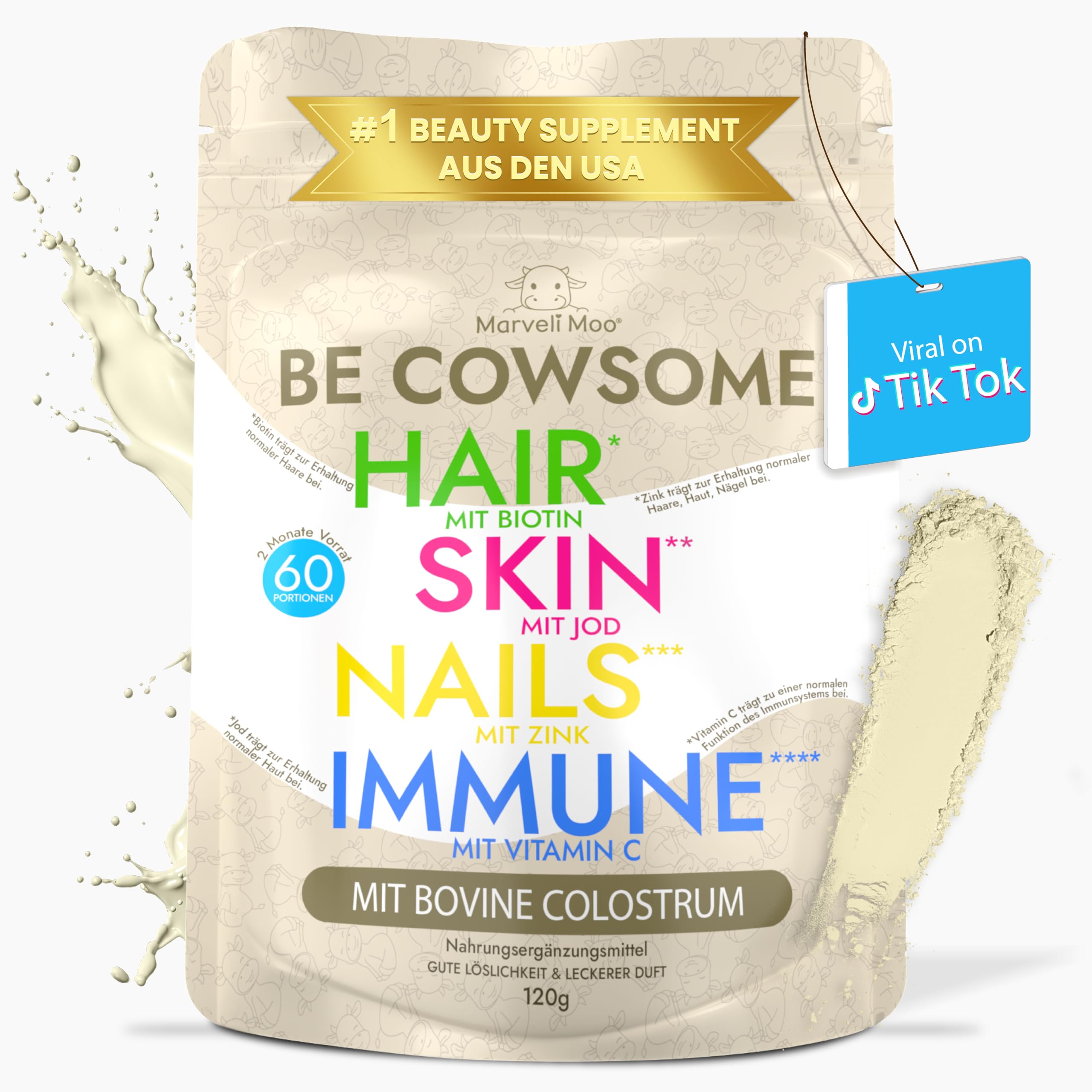 Colostrum Pulver – für Darmgesundheit & Immunsystem – mit Vitamin C, Biotin & Jod – 60 Portionen für 2 Monate – geschmacksneutral