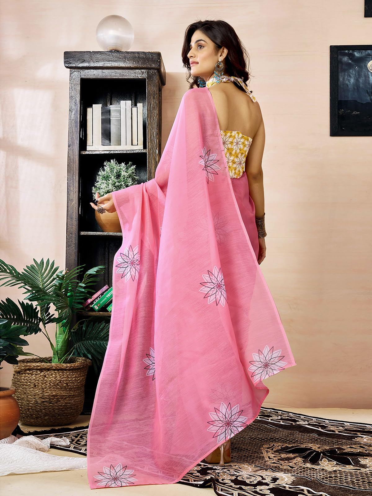 Satrani Women's Chanderi Cotton Printed Ready To Wear Saree With Unstitched Blouse Piece (42Rs380_Pink)