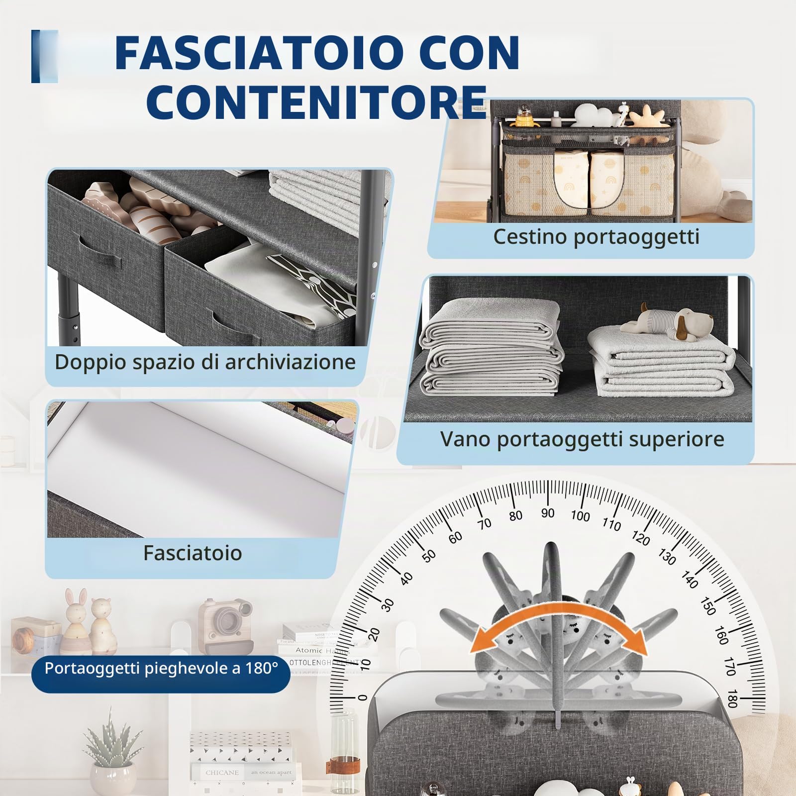 Fasciatoio Pieghevole Neonato Con 2 Cassetti, Altezza Regolabile, Materassino Impermeabile, Organizzazione Salvaspazio, Asta Appendiabiti & 4 Ruote Bloccabili, Grigio Scuro
