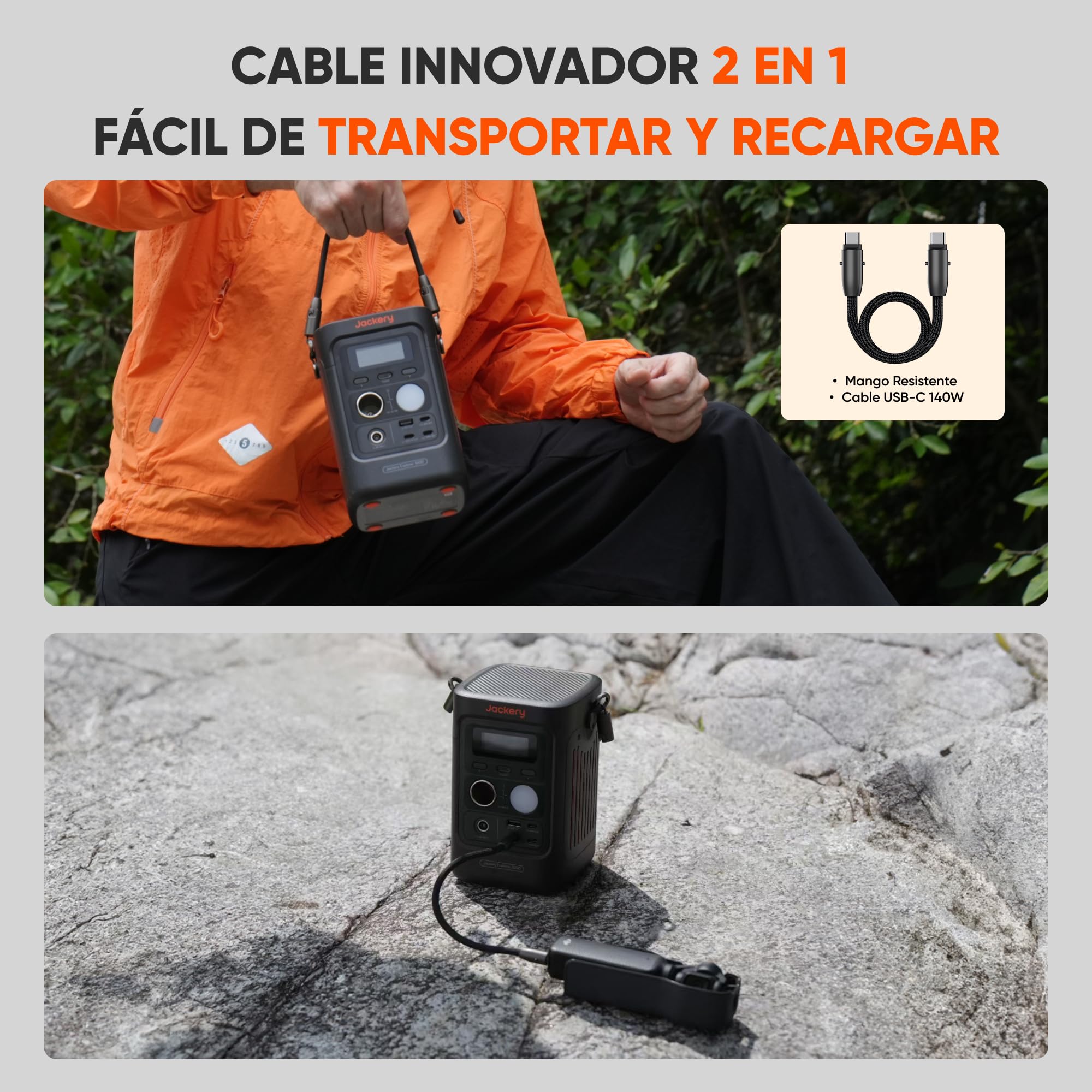 Jackery Explorer 300D Estación de Energía Portátil, 288Wh Batería LFP, Cable 2 en 1 para Transportar y Cargar, 5 Puertos USB-C/USB-A/CC 300W, Generador Solar para Actividad al Aire Libre, Teletrabajo