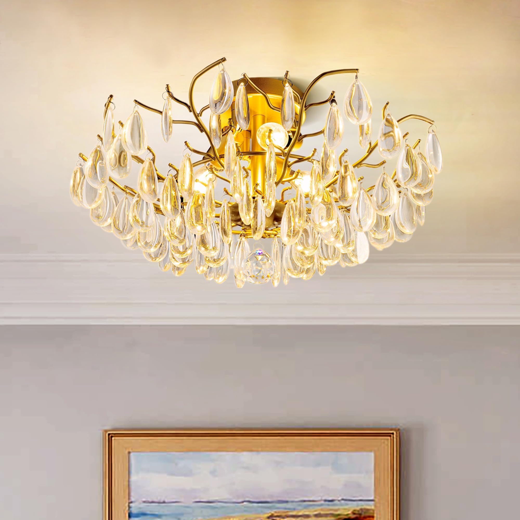TOCHIC Flush Mount Ceiling Light Fixture, Modern Gold Branch Crystal ...