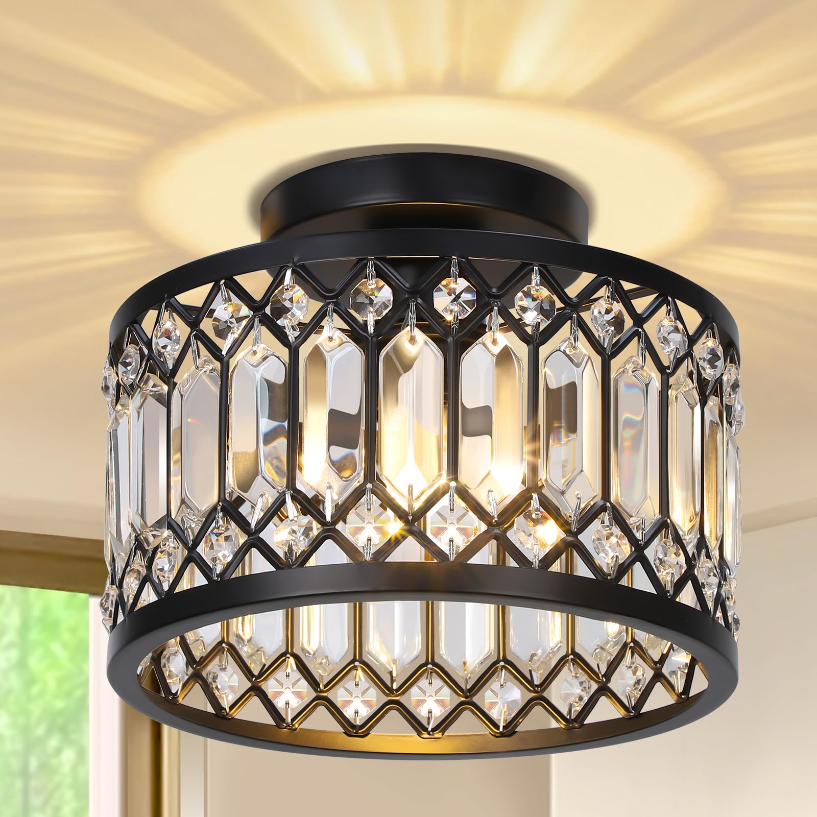 Kristall Deckenlampe Modern Deckenleuchte mit Glühbirne,K9 Metall Rund Deckenleuchte E27 Fassung für Küche Wohnzimmer Schlafzimmer Flur,Ø23cm