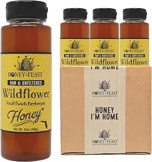 HONEY FEAST Wildflower Honey 12OZ (Pack of 3) - Raw Honey Multipack, Naturally Unfiltered, Perfect for Tea and Kitchen Use