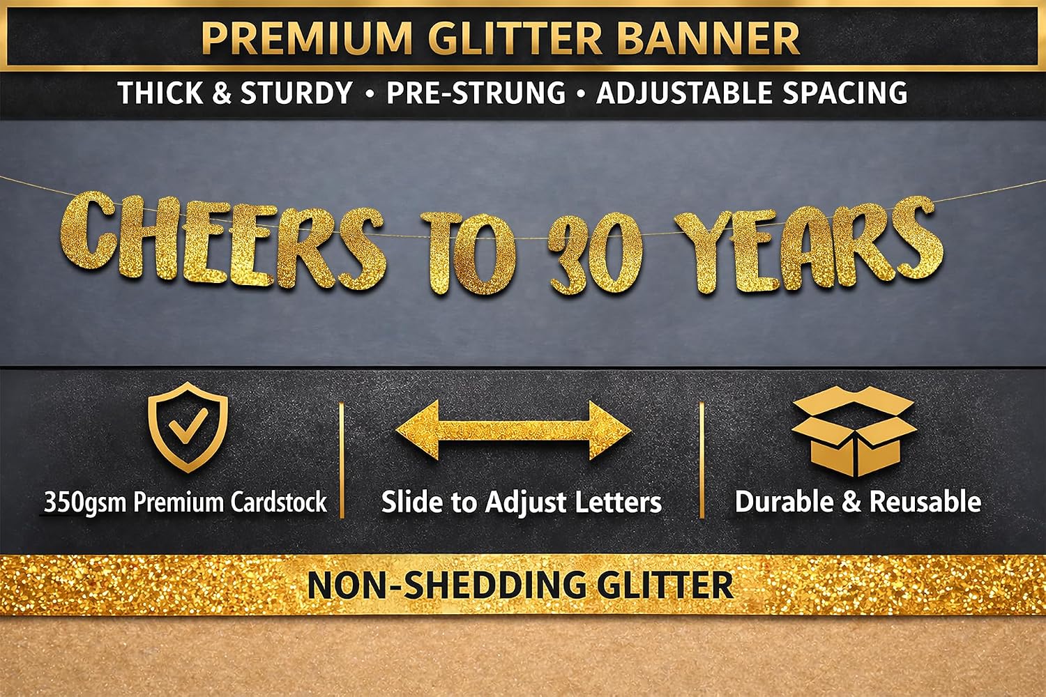 Pre-Strung Cheers to 30 Years Gold Glitter Banner - 30th Birthday and Anniversary Decorations for Men and Women - Party Supplies and Gifts image 4