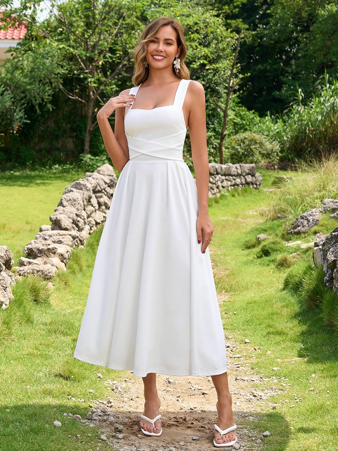 Womens Summer Midi Dress Wedding Guest Dresses for Women Criss Cross Back Flowy A Line Casual Sundress - Image 5