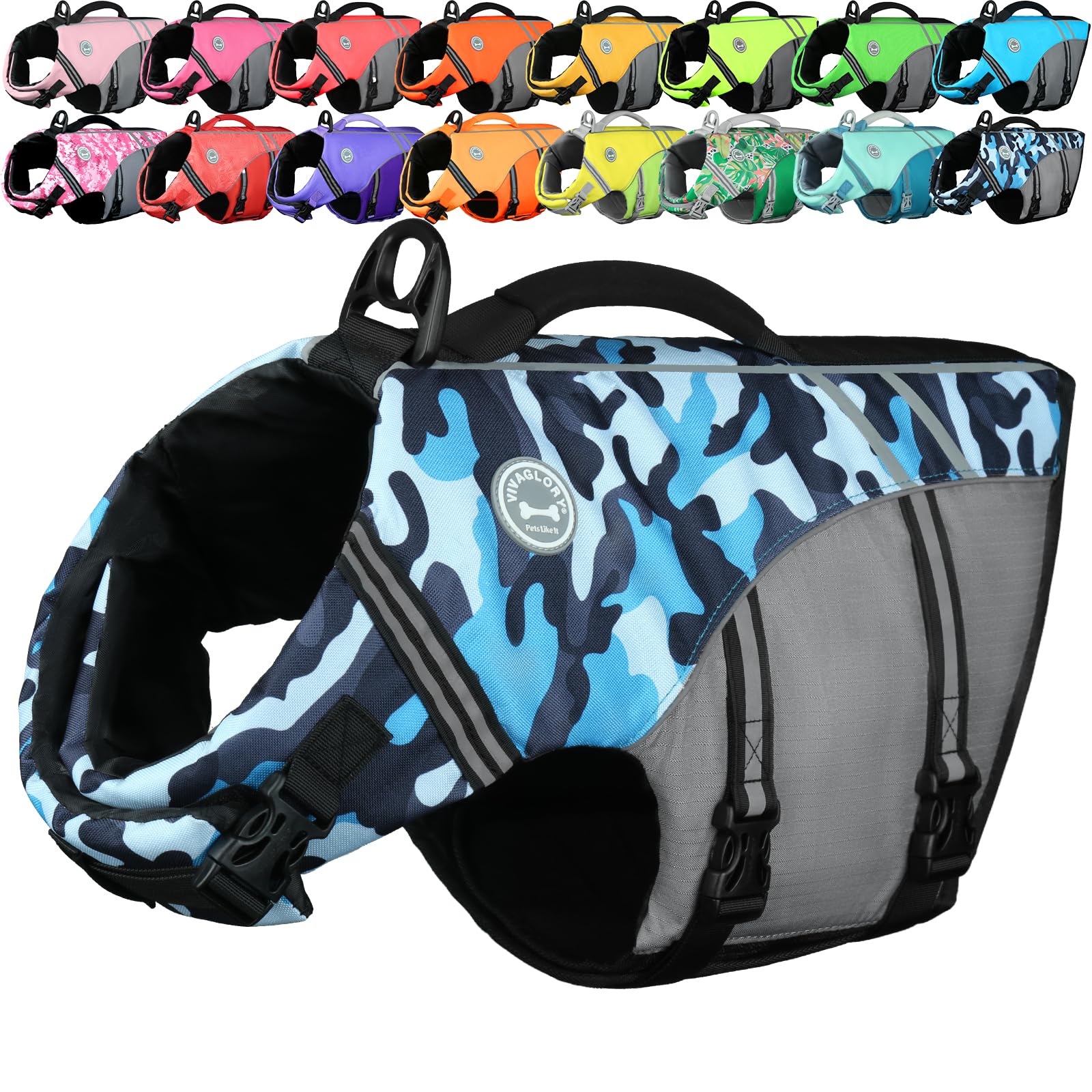 VIVAGLORY Sports Style Dog Life Vest, Dog Life Jacket for Swimming & Boating, Ripstop & Buoyancy for Puppy Doggy, Lifejacket with Handle, S, Camo Blue