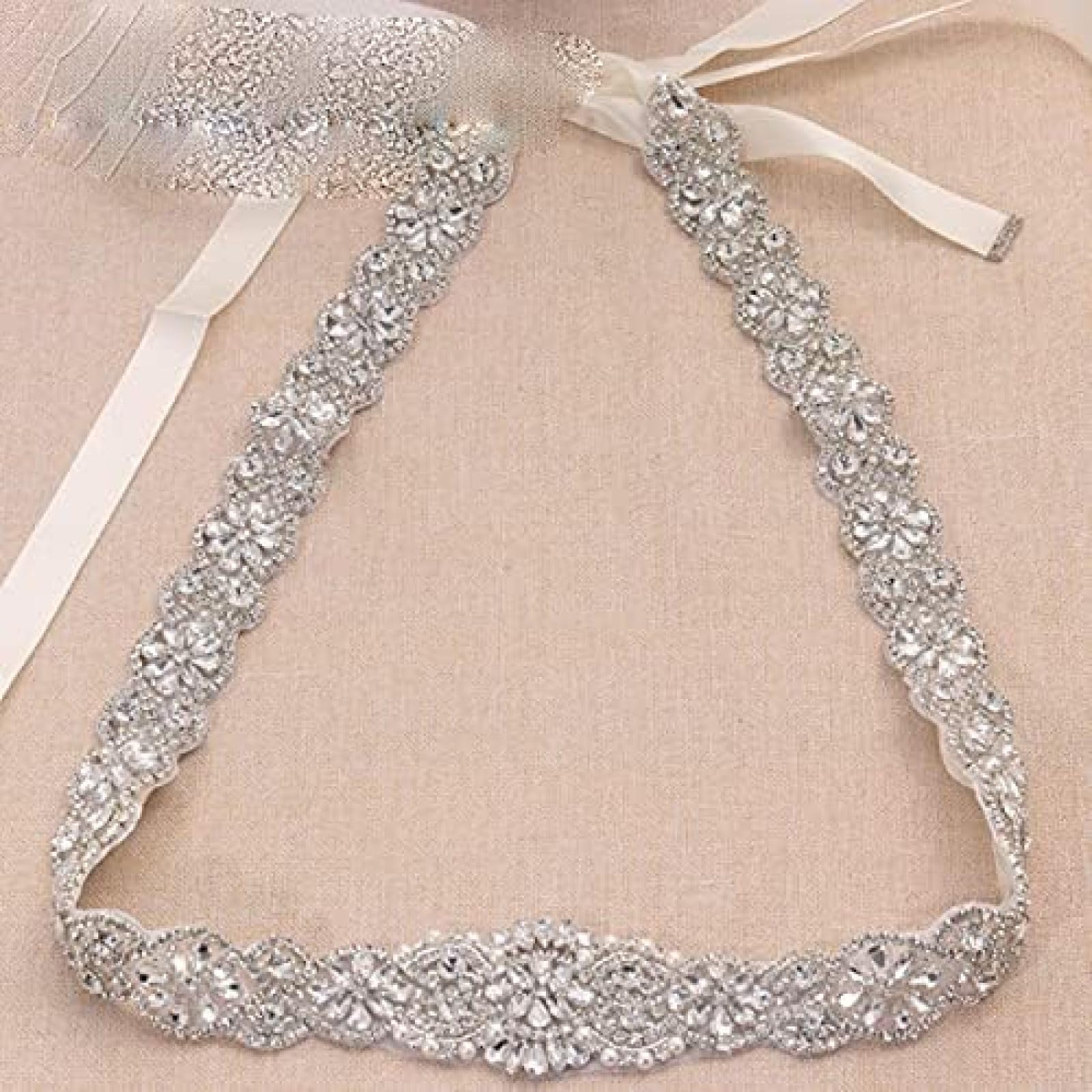 35,5 Zoll Langer Hochzeitsgürtel Silber Strass Braut Schärpe Perlen Brautkleid Gürtel für Hochzeitsaccessoires -,Weißer Organza