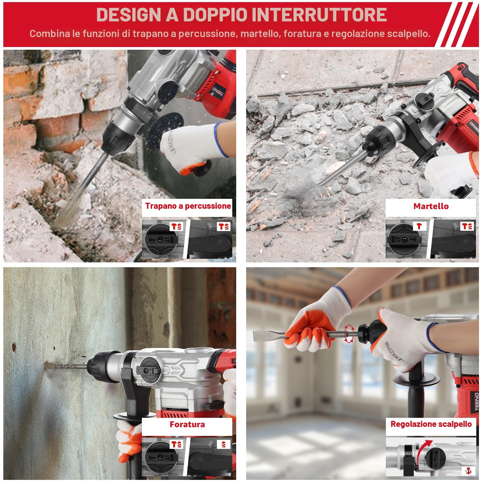 TEENO Martello Demolitore SDS-Plus 1500W, Martello Perforatore 7J, 4 Modalità, 1000RPM, 4500BPM, Cavo da 2 Metri, Frizione di Sicurezza e Tecnologia Antivibrante