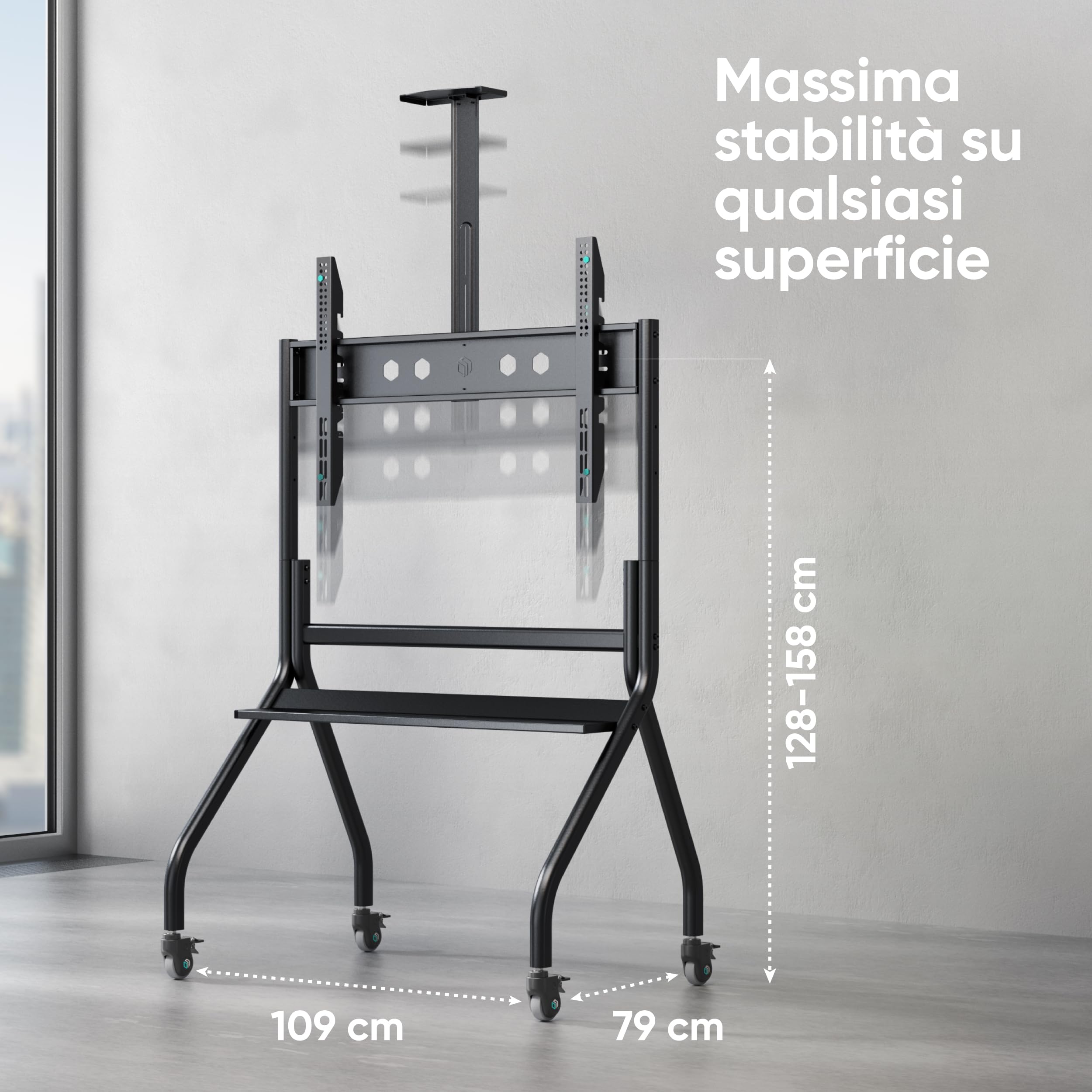 ONKRON Supporto TV da Pavimento 60-120 pollici, Carga Totale 150 kg, VESA 200x200-1000x600 mm, Carrello Porta TV da Terra Mobile, con Ruote, Porta Televisore Regolabile in Altezza, Nero TS2080-B