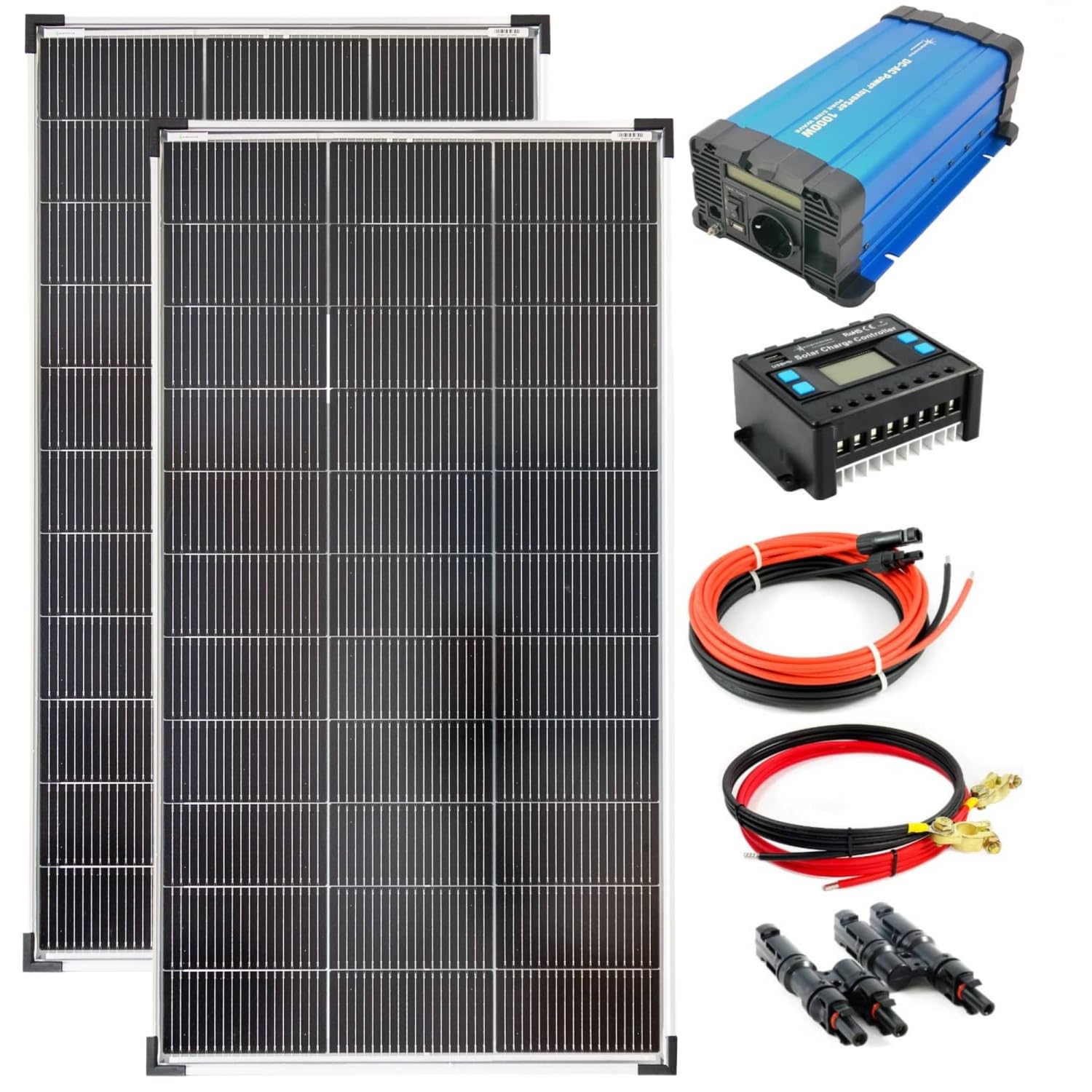 SOLARTRONICS Kompletny zestaw 2 x 120 W moduł solarny 1070 x 585 1000 W FS1000D12V przetwornica napięcia 20 A regulator ładowania