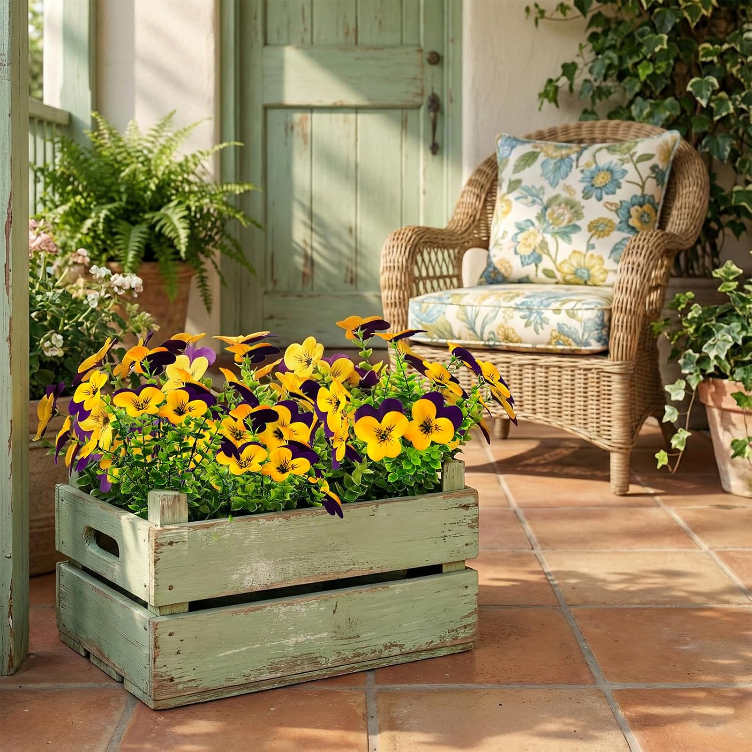 16 Pcs Artificial Pansy Flowers for Outdoor Faux Silk Spring Flowers for Outside, UV Resistant Realistic Pansies for Window Box, Planter, Front Door, Porch and Garden Home Decor (16, Purple,Yellow) - Image 6