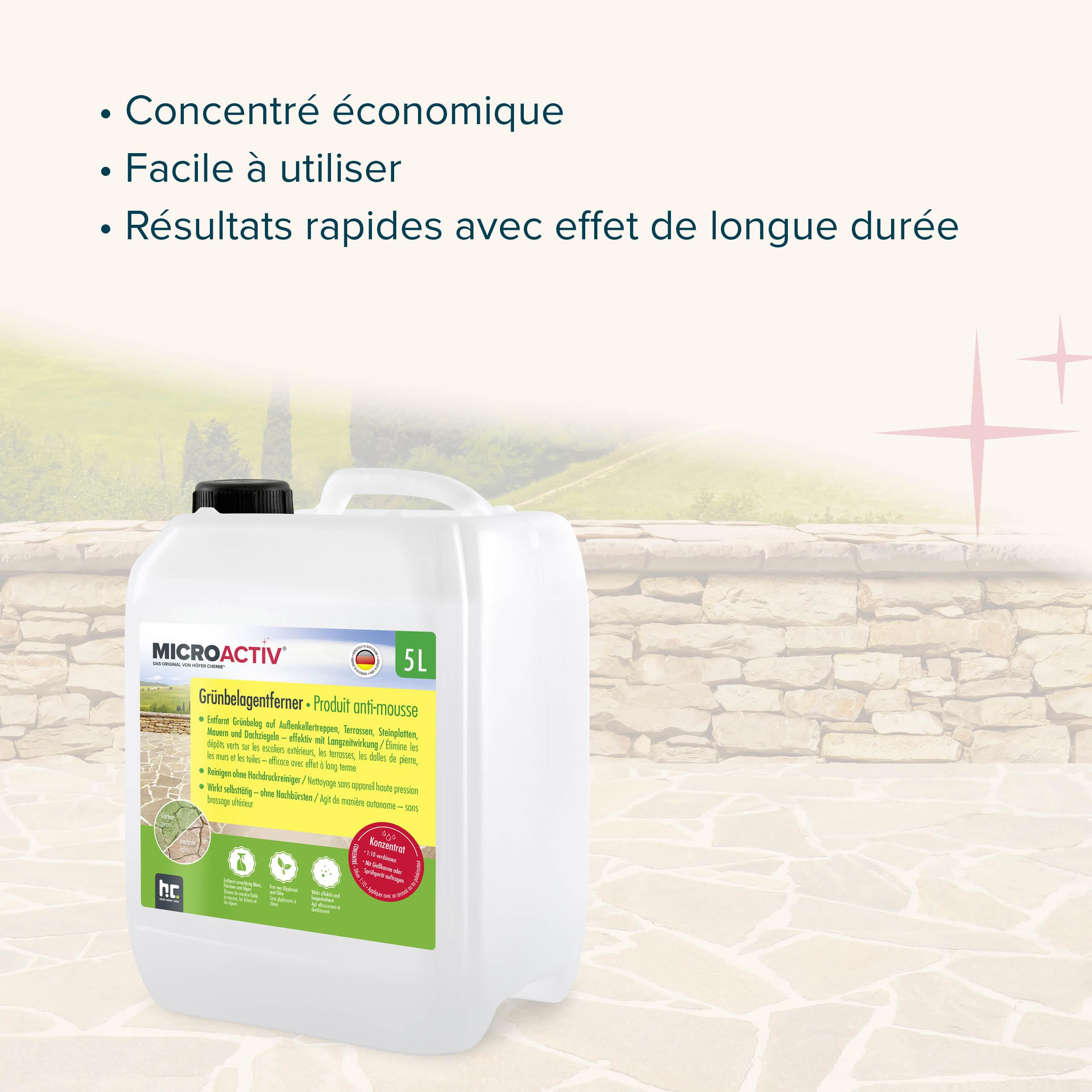 MICROACTIV® Nettoyant Pierre et Anti-Mousse Concentré 1 x 5L - Destructeur de Dépôts Verts, Algues et Lichens pour Terrasse, Mur, Toiture - Formule Autonettoyante Professionnelle