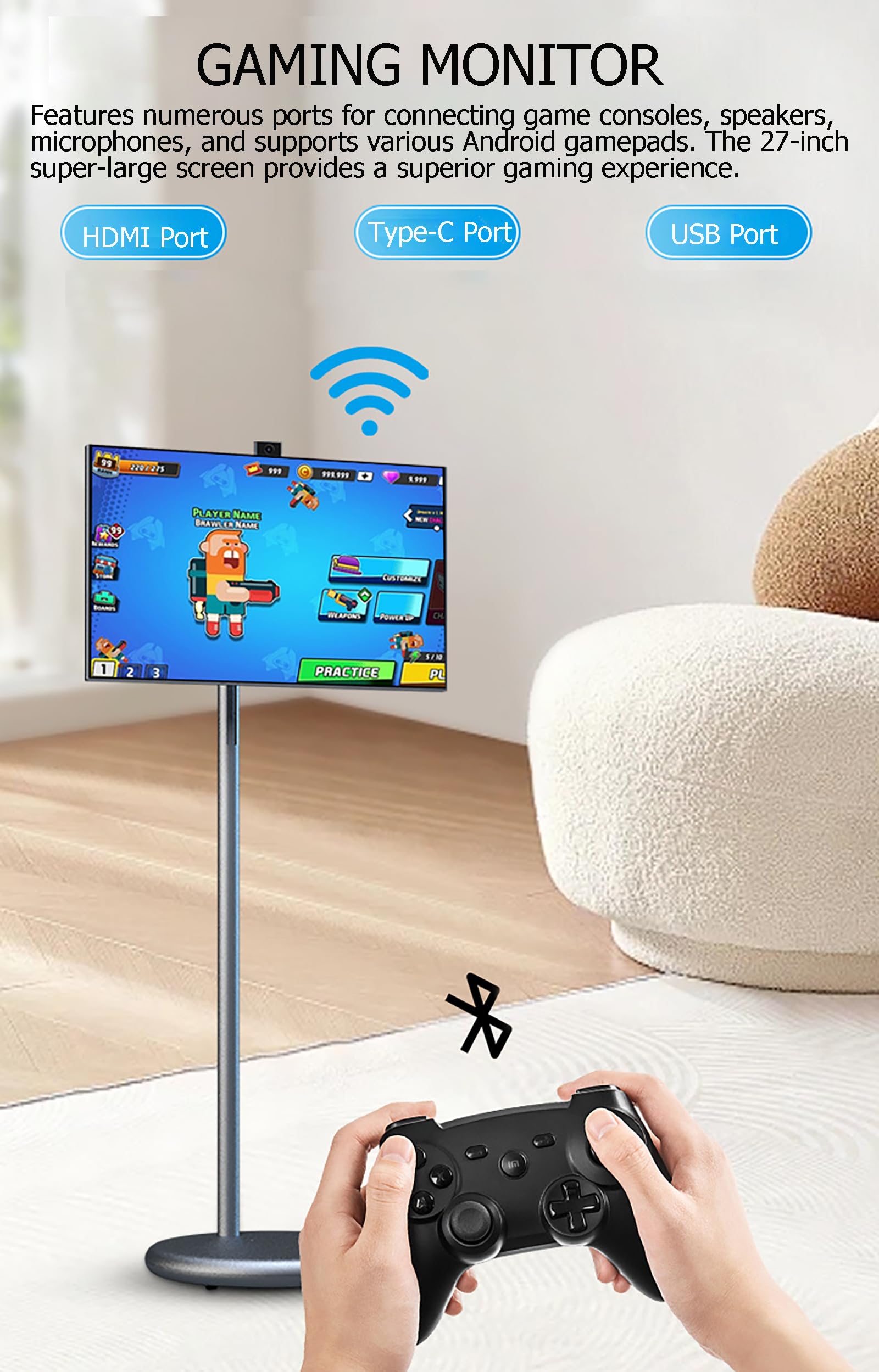 Smart TV Portatile Touchscreen da 27 Pollici con Supporto, Smart TV Mobile, Monitor Touchscreen 1080p, 6 GB di RAM + 128 GB di Memoria Interna, Girevole Completamente White