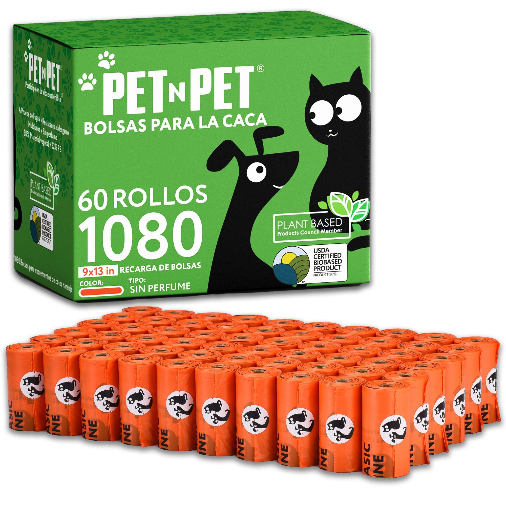 PET N PET Bolsa de caca para perros y bolsas de basura Bolsas de caca de base biológica con certificación del USDA al 38% para perros 1080 Unidades 60 Rollos 9x13 pulgadas, bolsas de caca sin perfume