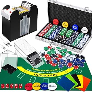 Aoriher Blackjack Casino Game Set, Include 300 Poker Chips, Casino Felt 1 Automatic Card Shuffler 6 Deck Dealer Shoe Discard Holder Tray Aluminum Case for Texas Holdem Blackjack Poker(Green)