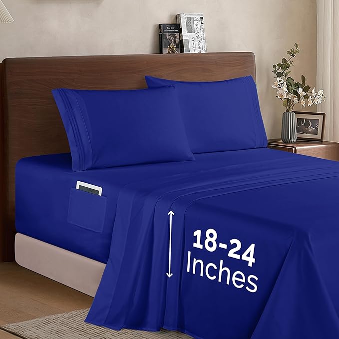 Elegant Comfort Luxury 1500 Premium Hotel Quality Microfiber 4-Piece Sheet Set- Soft, All Around Elastic 18-24 Inches Deep Fitted Sheet - Extra Deep Pocket Sheets, King, Royal Blue