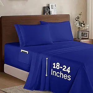 Elegant Comfort Luxury 1500 Premium Hotel Quality Microfiber 4-Piece Sheet Set- Soft, All Around Elastic 18-24 Inches Deep Fitted Sheet - Extra Deep Pocket Sheets, Queen, Royal Blue