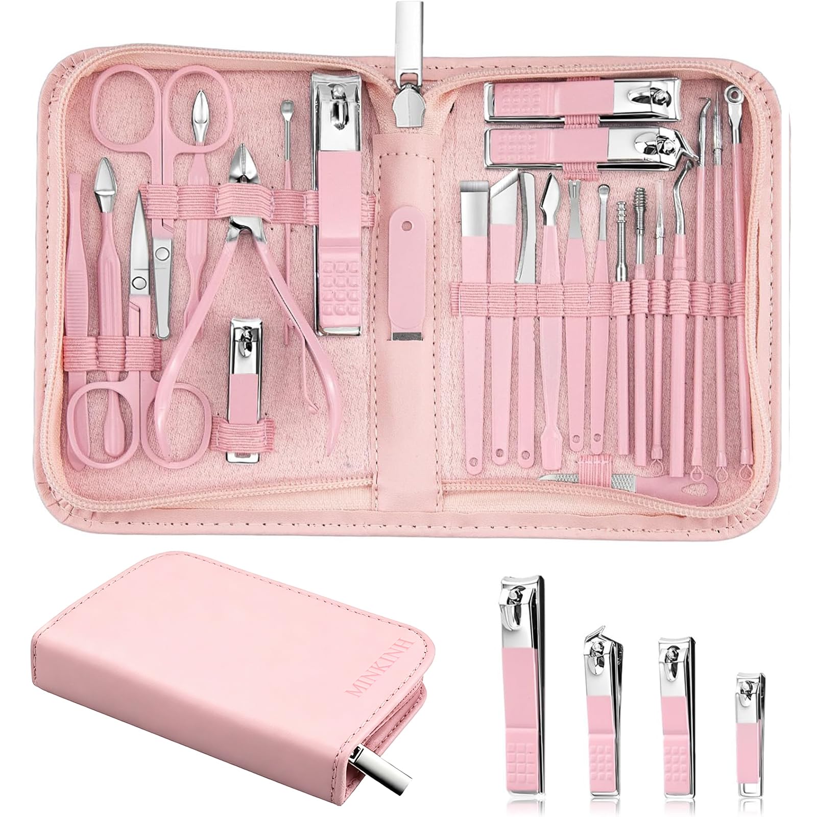MINKINH 26-Piece Professional Manicure Set,Features Stainless Steel Tools, Carbon Steel Clippers & Travel Case for Women's Home and Travel Grooming(Pink)