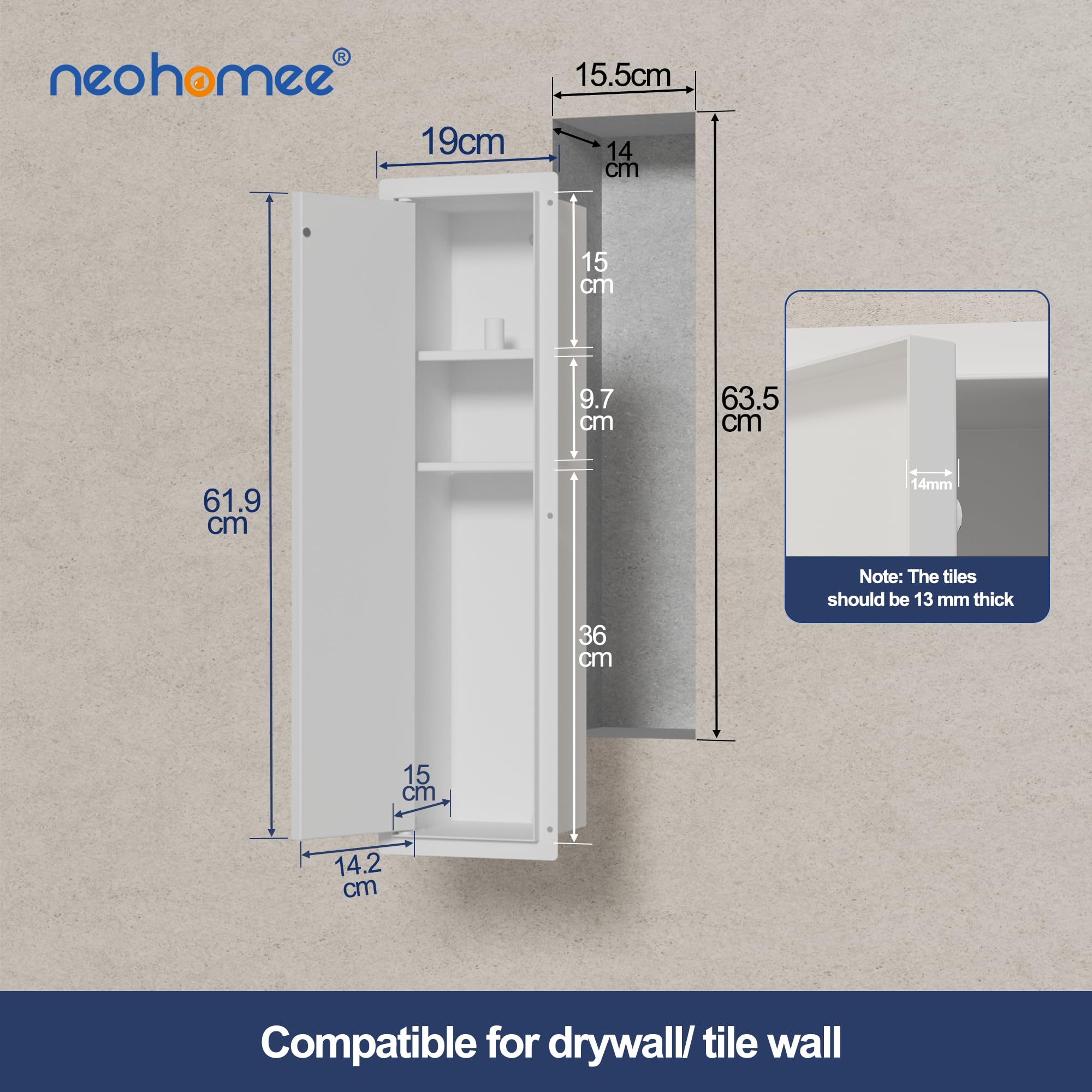 Neodrain Unterputz Toilettenpapierhalter Edelstahl Badezimmerschrank Schwarz mit Ablage für Toilettenpapier Aufbewahrung & WC Bürstengarnitur, 67 x 19 x 15 cm