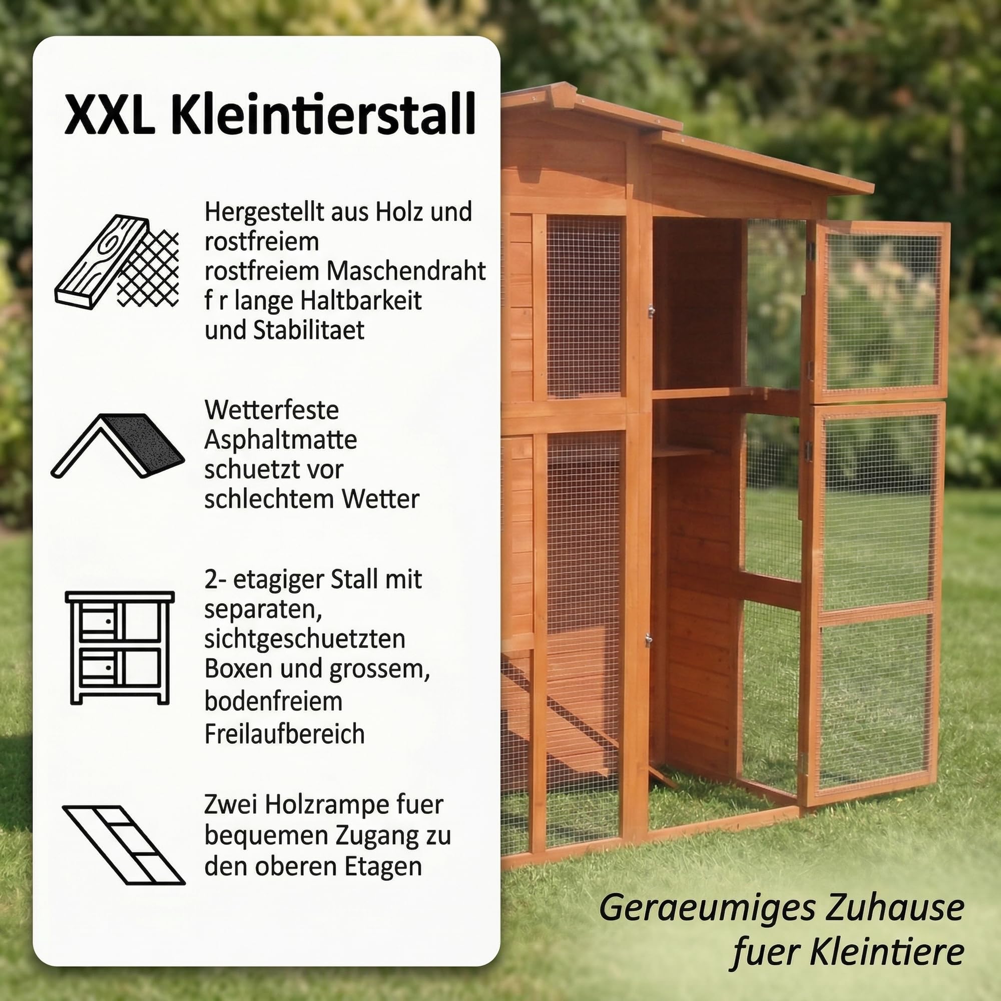 Mucola Hasenstall mit Freilaufgehege 171x80x166 cm Kleintiergehege Holz inklusive 2 Rampen Kleintierhaus Hühnerstall 2 Nestboxen (4 Nistplätze) Hühnervoliere