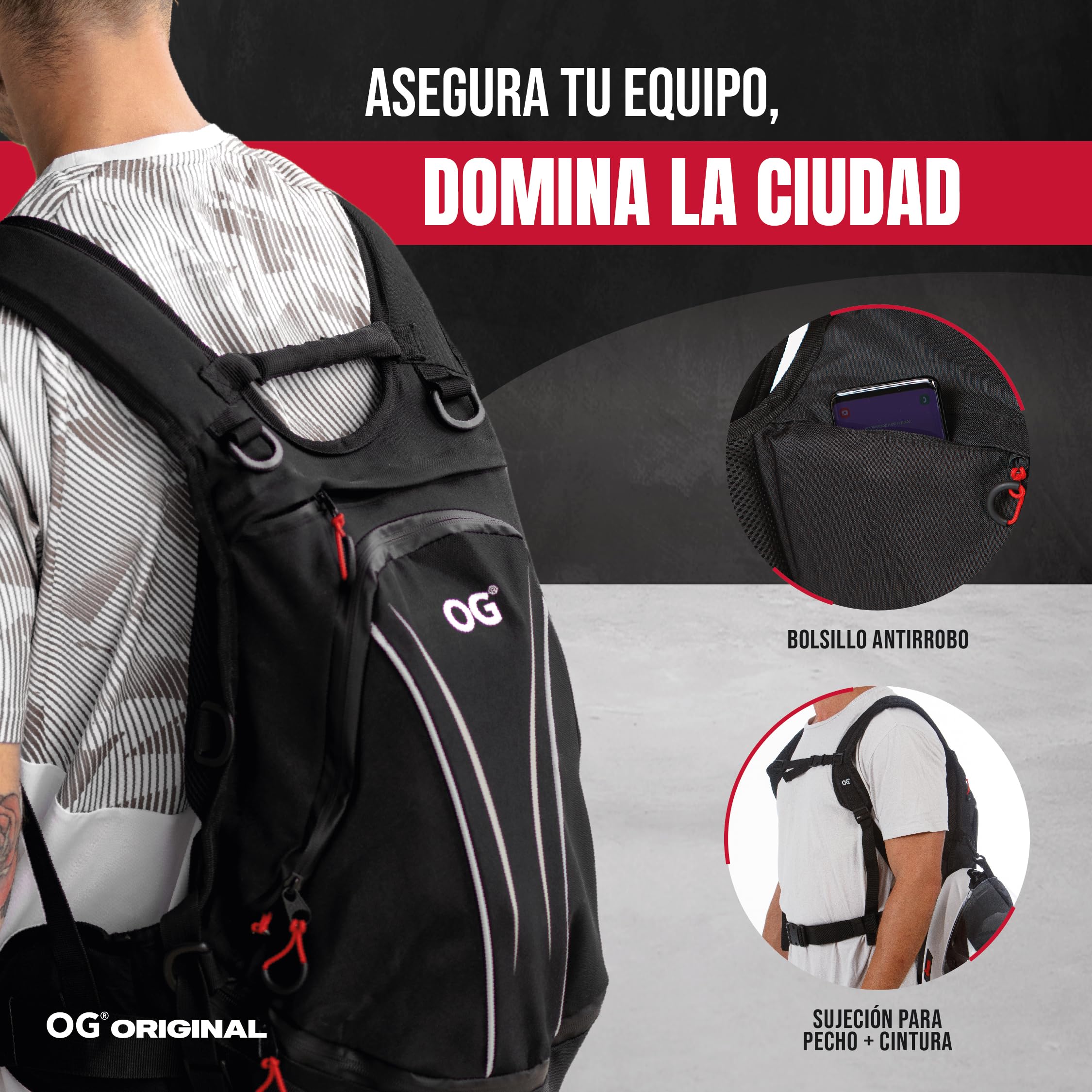 OG Online&Go Mochila Moto Negra Ligera 20L-30L, Bolsa Portacascos, Correa Casco Moto, Mochila Ciclismo, Antirrobo, Impermeable, Portátil, Reflectante