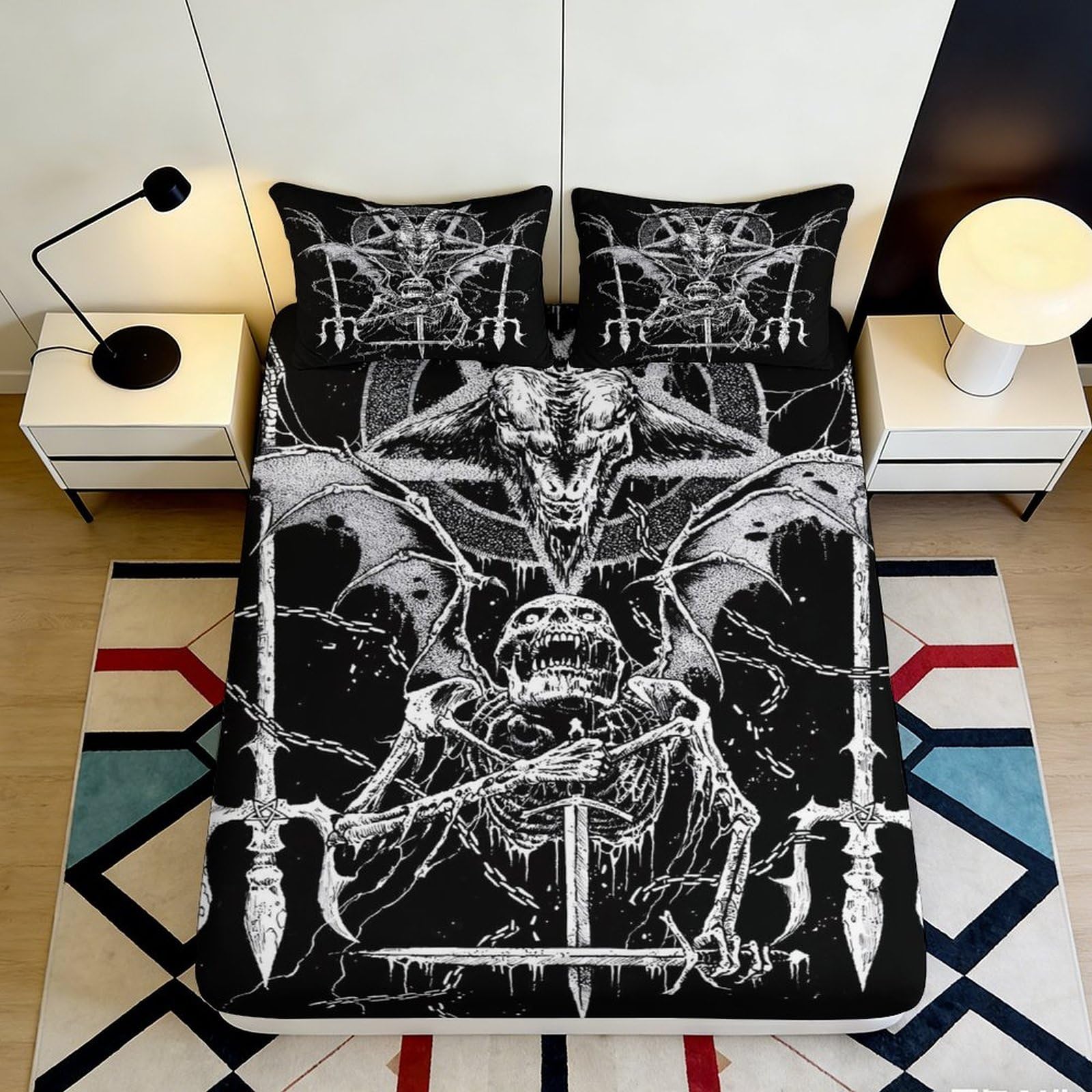 3D Printed Gothic Bat Skeleton Fitted Sheet Microfiber Black Bed Cover for Bedroom Dorm Protection Decor 120x200cm 180x200x25cm