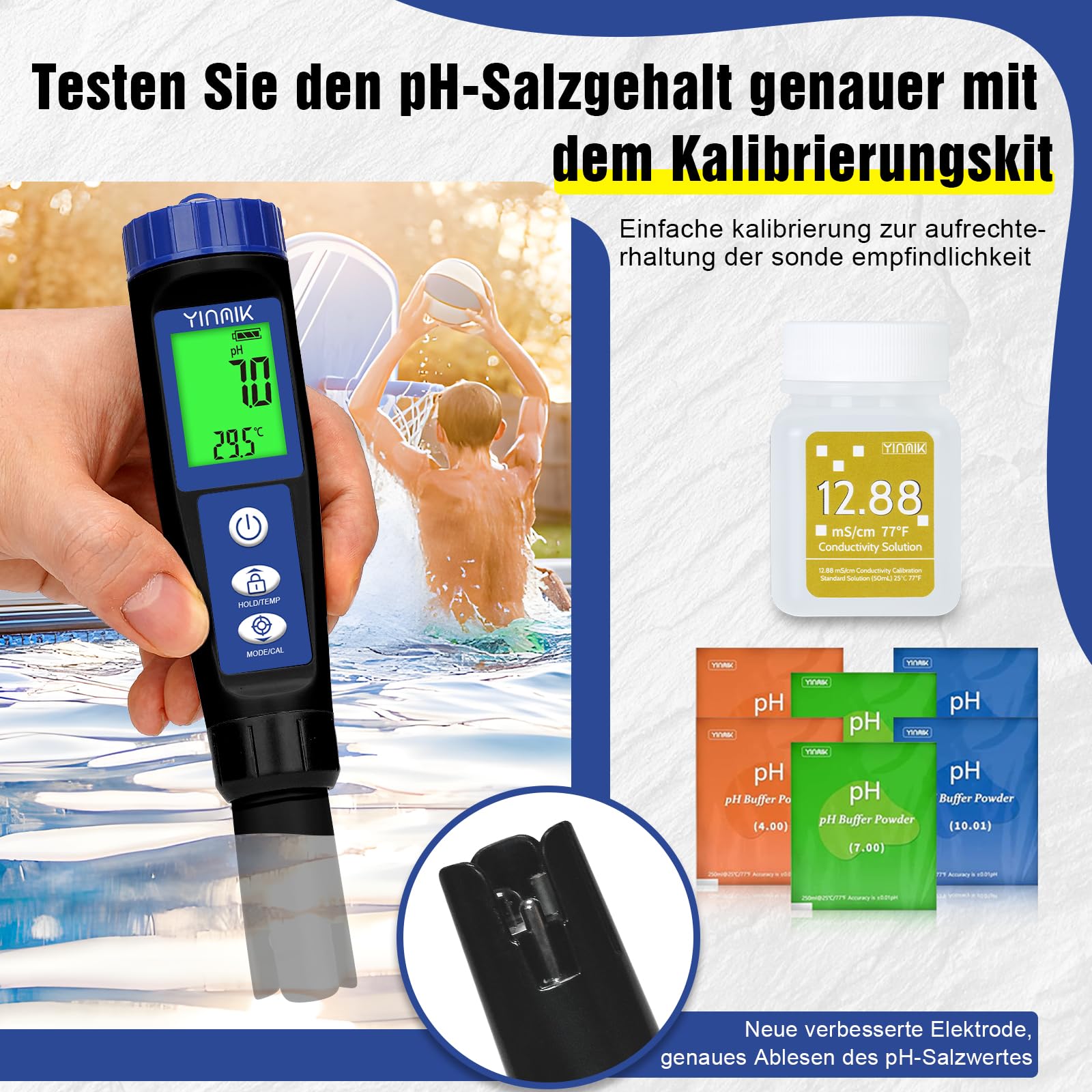 Pool pH Salz Messgerät 6-in-1 Tester für Salzwasserpools, Hydroponik, Trinkwasser