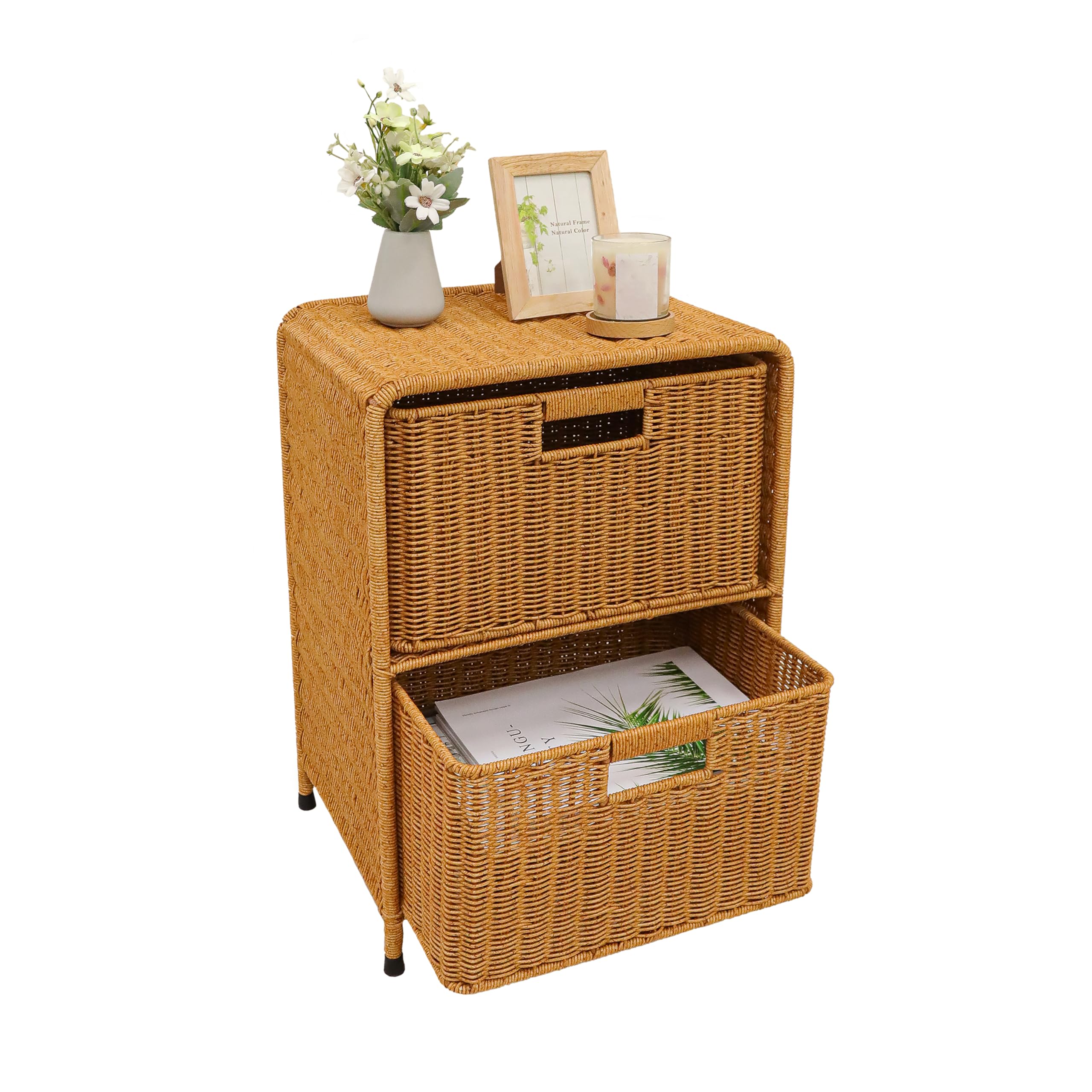 myHomeBody Wicker Nightstand with Drawers, Bed Side Table Bedroom, End Table with Storage, Small Storage Cabinet, Drawers for Bedroom, Latte