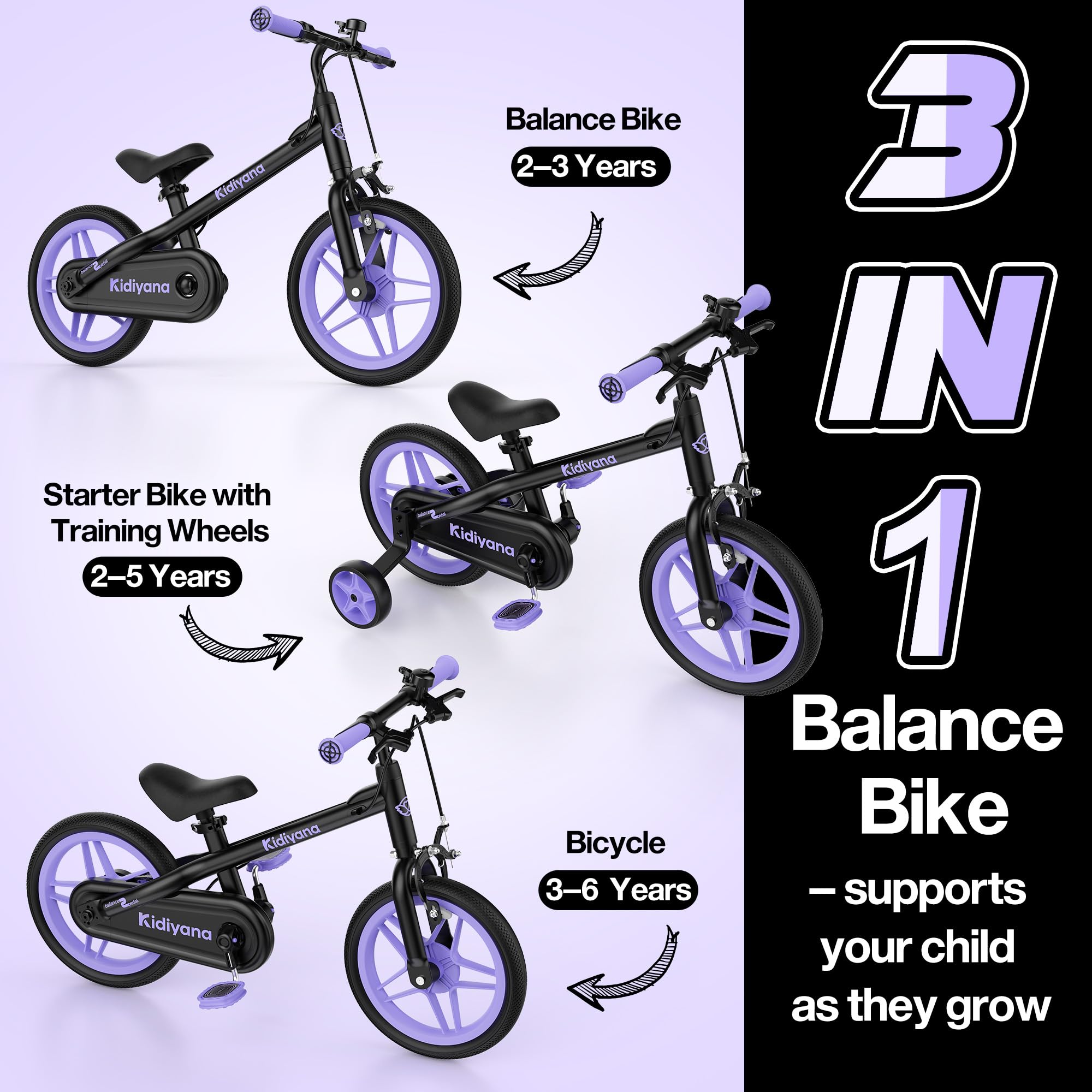 Bicicleta sin Pedales 3 en 1 Desde 2 Años con Pedales y Ruedas de Apoyo Desmontables, Bici Infantil de 12 Pulgadas con Freno de Mano, Timbre, Sillín Ajustable y Marco de Aluminio