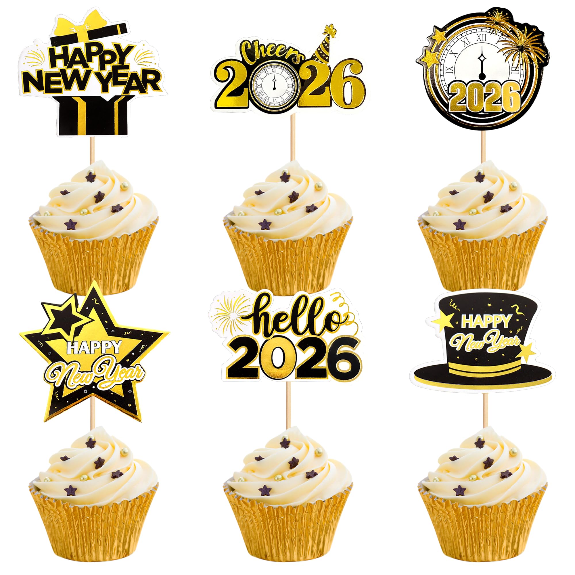 Blumomon 24Pcs Happy New Year Cupcake Toppers 2026 Cupcake Picks 2026 Celebration Party Decorations New Years Eve Holiday Decor Glitter Party Accessories