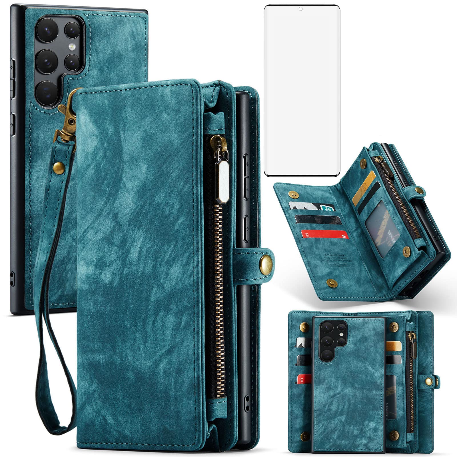 Asuwish Phone Case for Samsung Galaxy S22 Ultra 5G Zipper Wallet Cover with Tempered Glass Screen Protector and Flip Card Holder Cell Accessories