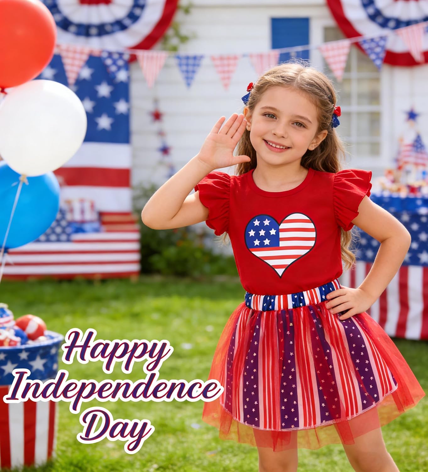 RETSUGO Baby Girls 4th of July Outfit Tulle Tutu Skirts Set Toddler Kids American Flag Heart Print Dress 2-8 Years Old