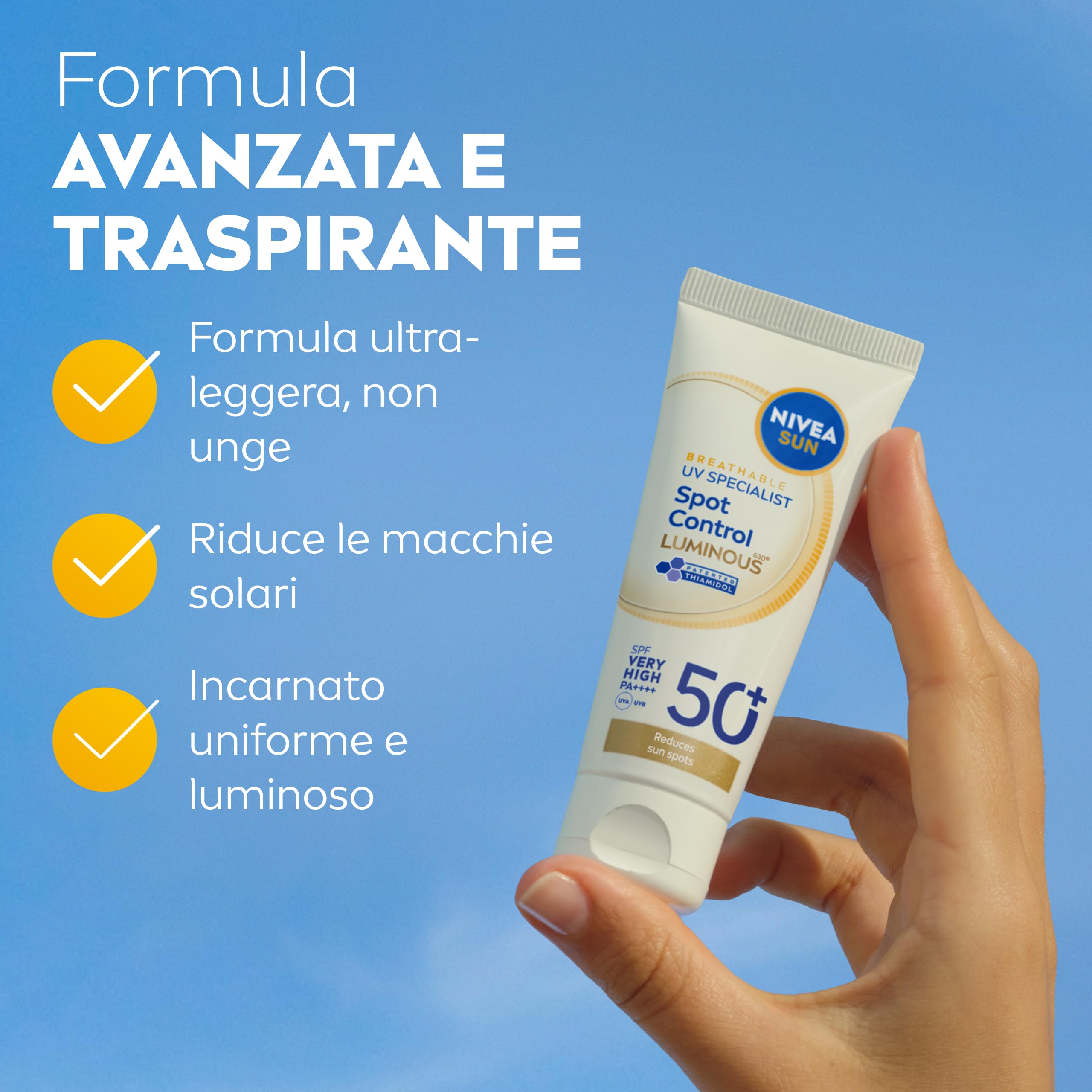 NIVEA SUN Luminous630 Crema Solare Viso SPF 50+ 40 ml, Protezione solare anti-macchia in fluido leggero, Crema antimacchie viso con Thiamidol brevettato, Non comedogenica, Tutti i tipi di pelle