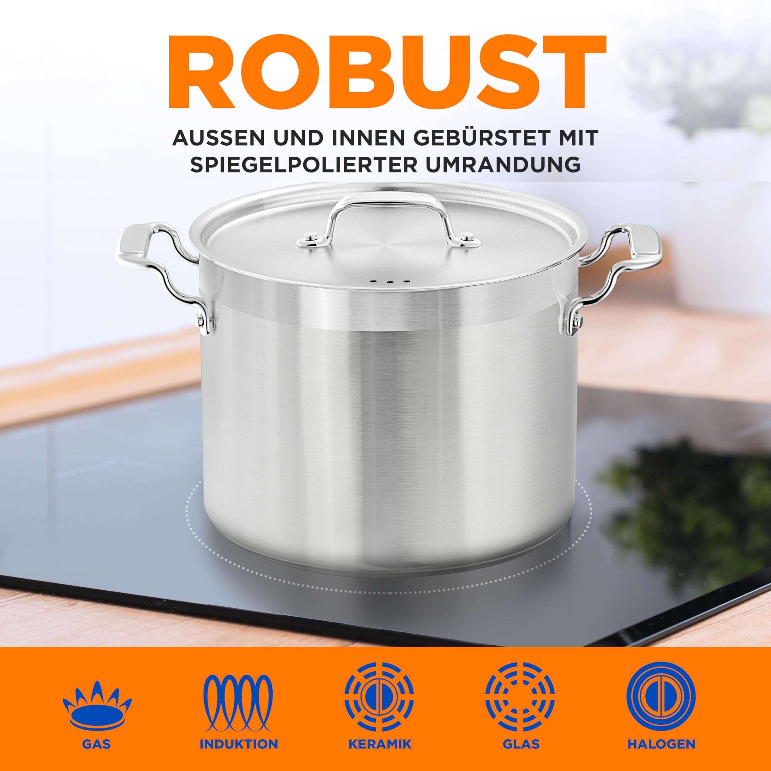 NutriChef Edelstahl Kochtopf 13,2L Induktion – Suppentopf mit Deckel, Profiqualität für Gastronomie & Meal Prep Hitzebeständig bis 260 °C, Spülmaschinenfest, Ideal für Vorratsküche & Events | 18/8 Induktionskompatibel, spülmaschinenfest, genietete Griffe,