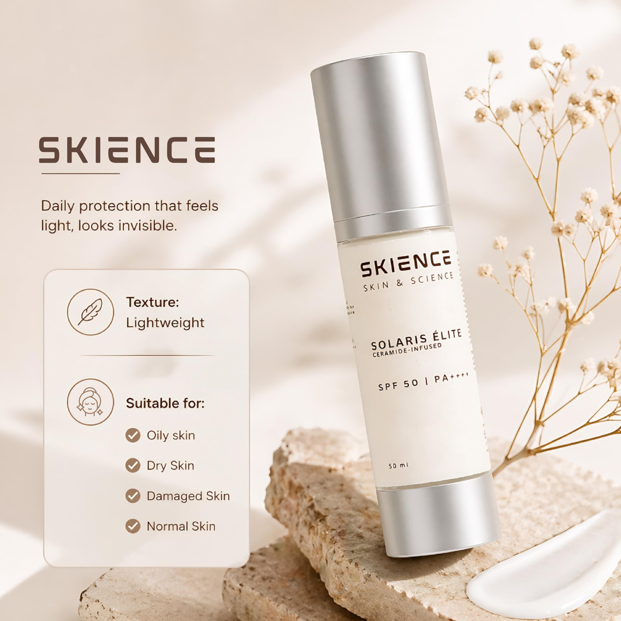 SKIENCE Solaris Élite SPF 50+ PA++++ | Ceramide-Infused Ultra-Broad Spectrum Sunscreen | Photostable UVA/UVB Protection | No White Cast | 50 ml 2